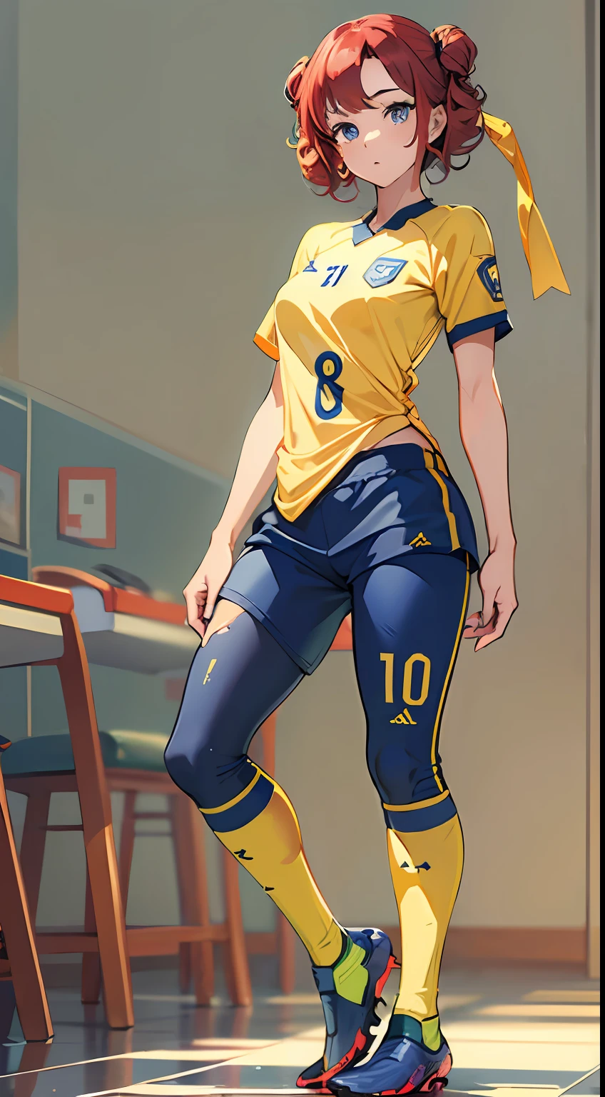 ((Masterpiece)), Best quality, absurderes, Ultra detailed, holograph, Cowboy shot, Dynamic pose, Golden ratio, Super cute girl, Mature girl, Extremely beautiful, Super beautiful asian girl with super beautiful navy blue eyes, Beautiful red curls, Shiny skin,  Nice sexy body, Slim and delicate body, Perfect body, Blue skinny print short-sleeved top,shorter pants、Stockings、soccer player、(((Full body like、standing on your feet、head to toe，soccer player)))