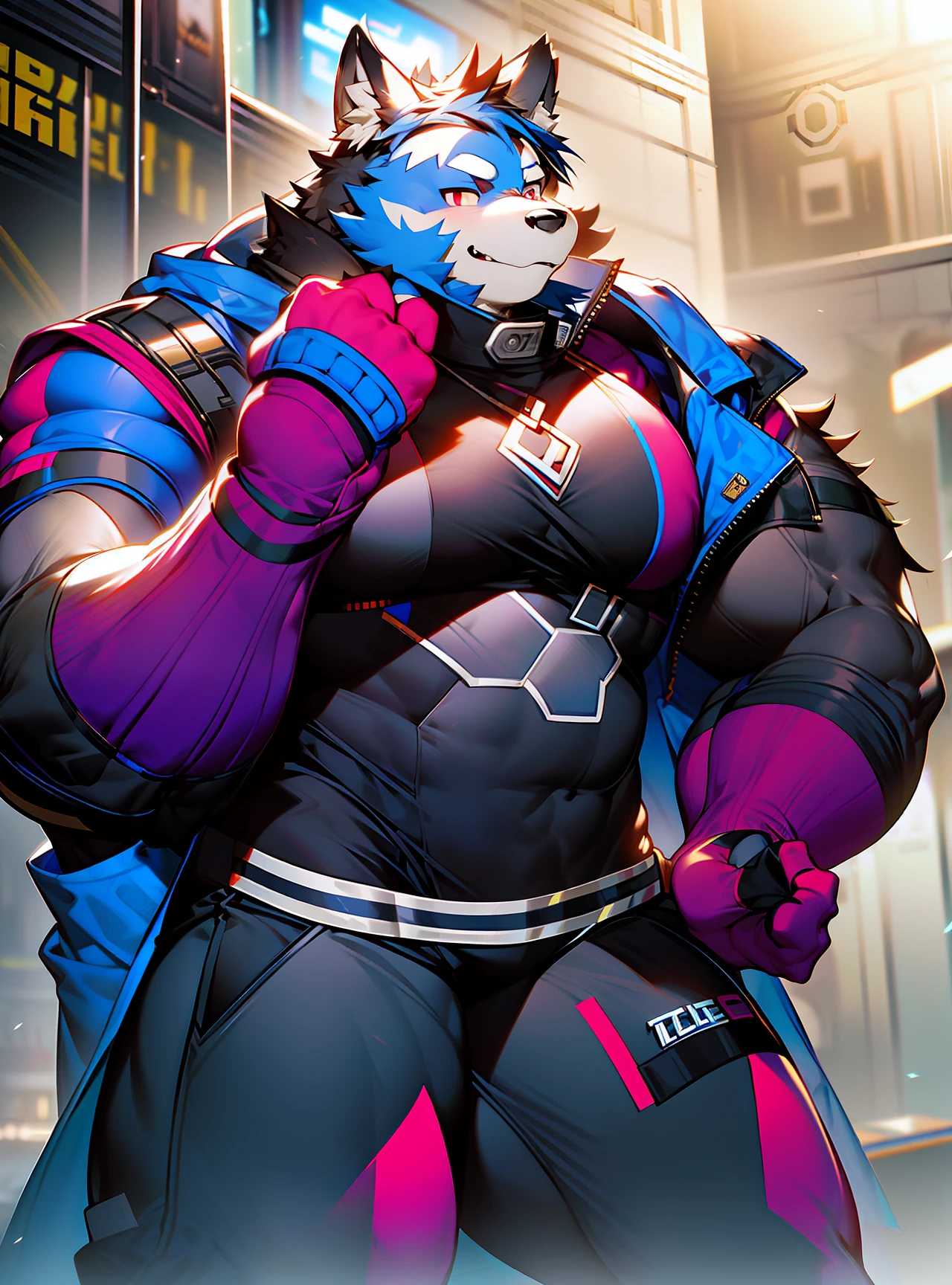 coyote,Furry,Blue hair,musculature,Muscle men,nakeness,Strong,ultraclear,Has a large ,Collar,Black shorts,Black sclera,red pupils,Abs,Yellow coat,The erection,Collar,Has a large ,der riese,tit,Solo,Stout arms,Storm jacket,Badge,Pronounced abs,ssmile,subway station background,Urban style,hold fists,Big ,Dark purple sweatshirt,Red gloves,Blue shoes,red striped,Handsome expression,Pronounced abs