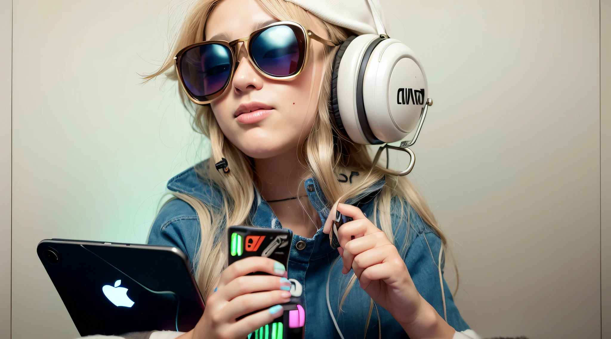 Blonde girl wearing sunglasses and headphones holding a camera, menina usando fones de ouvido, Fones de ouvido DJ Rave, vibing to music, retro style and 1 9 8 0 s, jamming to music, DJ Sura, giant headphones rocking out, com fones de ouvido, com fones de ouvido, foto comercial do brinquedo, Usando fones de ouvido, retro estilizado, Estilo 8 0's, Listening to music, por Wayne England
