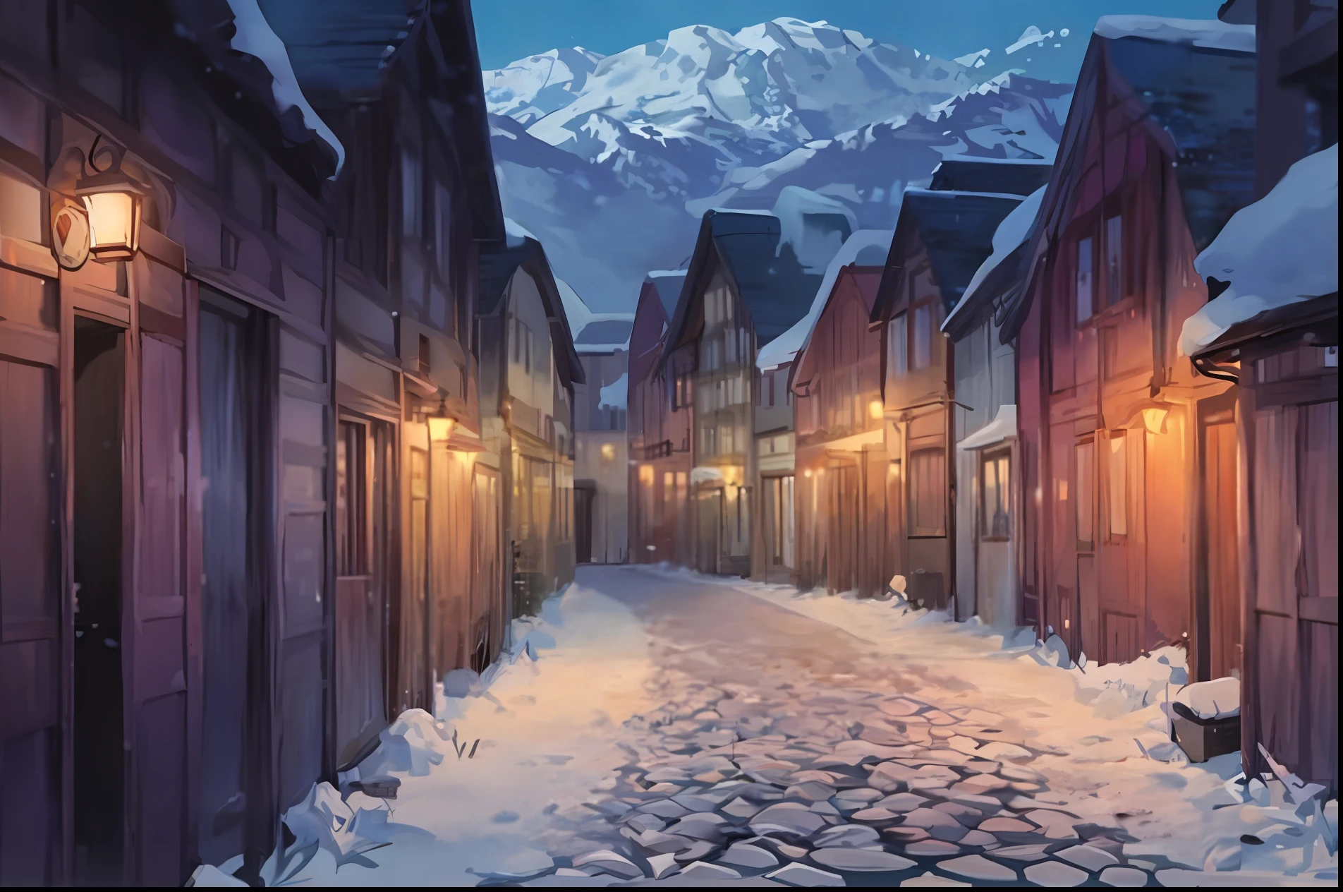rua nevada com uma montanha no fundo, Fundo da cidade, Arte conceitual de inverno, arte de fundo do anime, Estilo Andreas Rocha, Silvain Sarrailh, nevado. por makoto shinkai, anime scenery concept art, inspirado em Andreas Rocha, pintado em anime painter studio, Makoto Sinkai, bela cena de anime, Bussiere Rutkowski Andreas Rocha