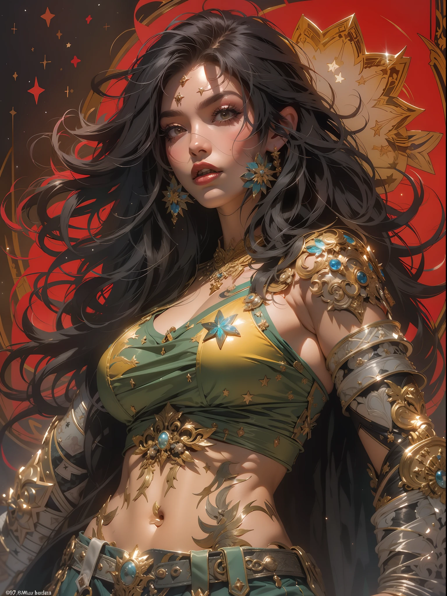 (((mulher))), (((melhor qualidade))), (((obra prima))), (((adulta))), Uma guerreira mulher de 35 anos com corpo perfeito, She-Lobo, (( under boobs )), quase nua no estilo selvagem urbano de Simon Bisley para a capa da revista Heavy Metal, cabelo loiro, Minimum clothing, armadura (vermelho escuro com estrelas brancas), cheio de pontas e rebites manchadas de tinta, tatuagem de estrelas de 5 pontas, (((corpo inteiro))), cabelo curto, nijistyle