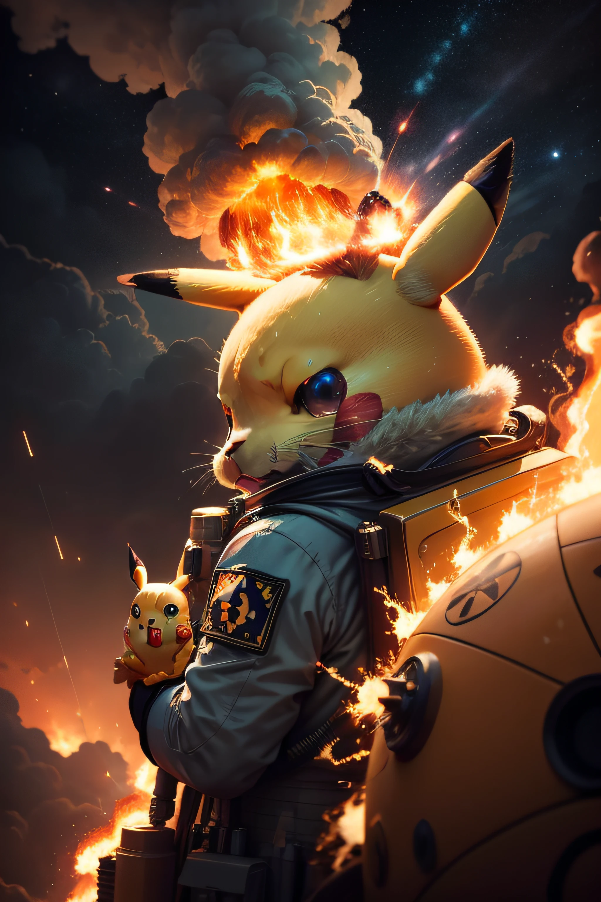 masterpiece,best quality, illustration, Pikachu wearing space suit,beautiful detailed glow,(flames of war:1.2),(nuclear explosion behide:1.3),rain,detailed lighting,detailed water,(beautiful detailed eyes:1.1),expressionless,
