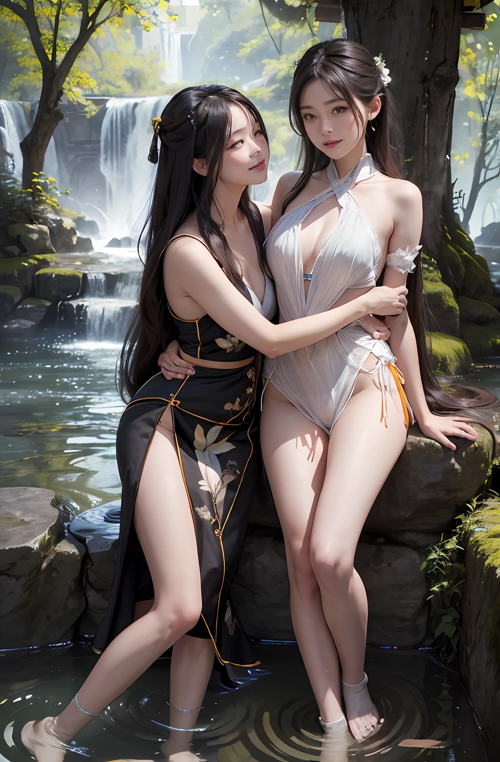 model shoot,(((2girls,duo))),Morning,(early morning),(day:1.8),(colorful theme,),in summer,Onsen,(Nature:1.9),Postural collar,Fishnet socks,Hugging,full bodyesbian,Very long hair,grin,Dynamic Angle,Dynamic pose,Outdoors,Chinese style architecture,
(RAW photogr:1.2), (Photorealistic:1.4),Ultra-detailed, A high resolution, Extremely detailed,Best quality ,Masterpiece, illustration, An extremely delicate and beautiful, Extremely detailed ,CG ,Unity ,8K wallpaper, Amazing, finedetail, Masterpiece,Best quality, PureErosFace_V1,Urzang-6500-V1 Edition, Edition.1,