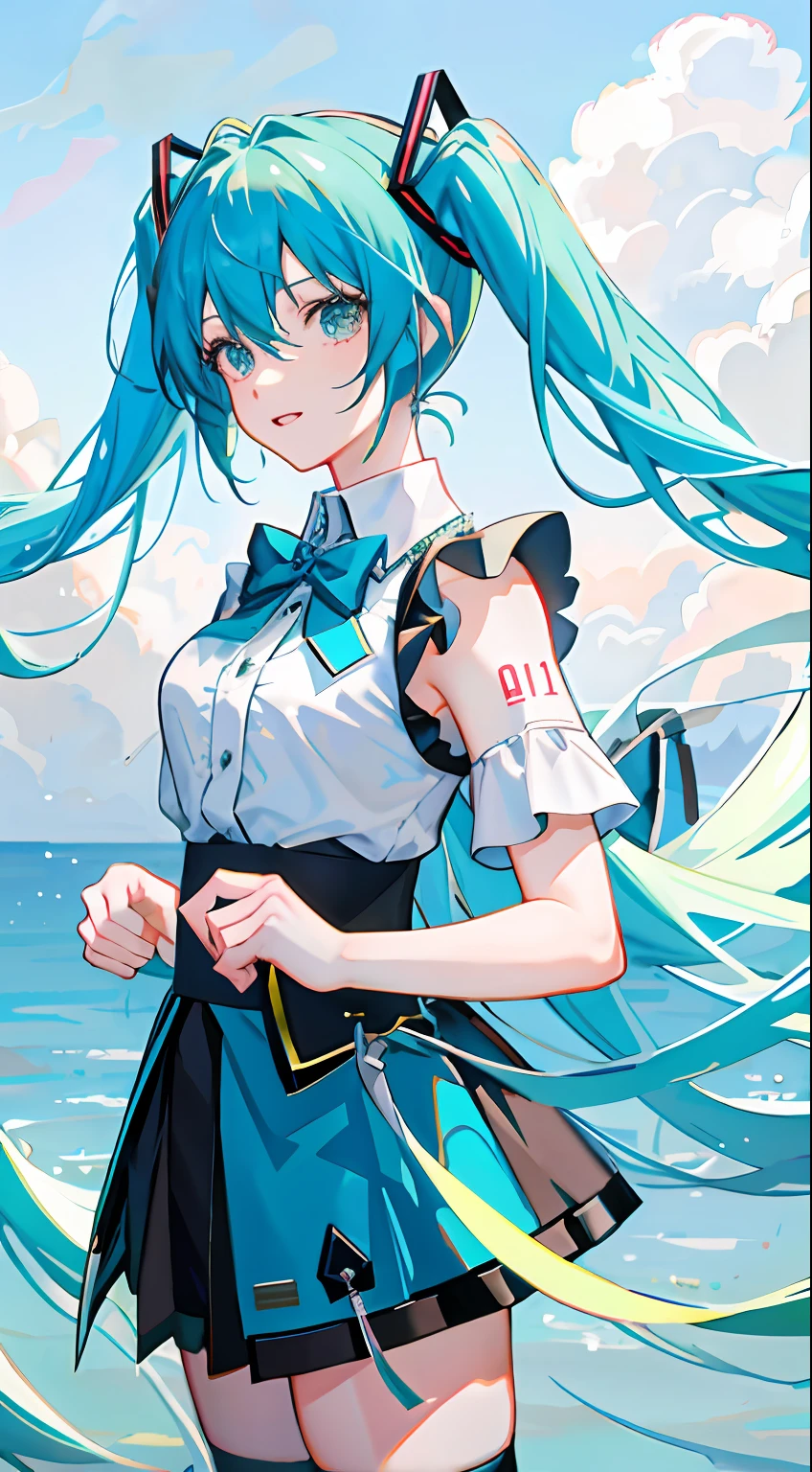 showing,anime girl with long blue hair and a white shirt and black skirt, Hatsune Miku, Portrait of Hatsune Miku, Hatsune Miku short hair, vocaloid, hatsune miku portrait, Os amigos, mikudayo, Anime girl with teal hair, Hatsune Miku cosplay, hatsune miku face, style of anime4 K, An anime girl, attractive anime girls
