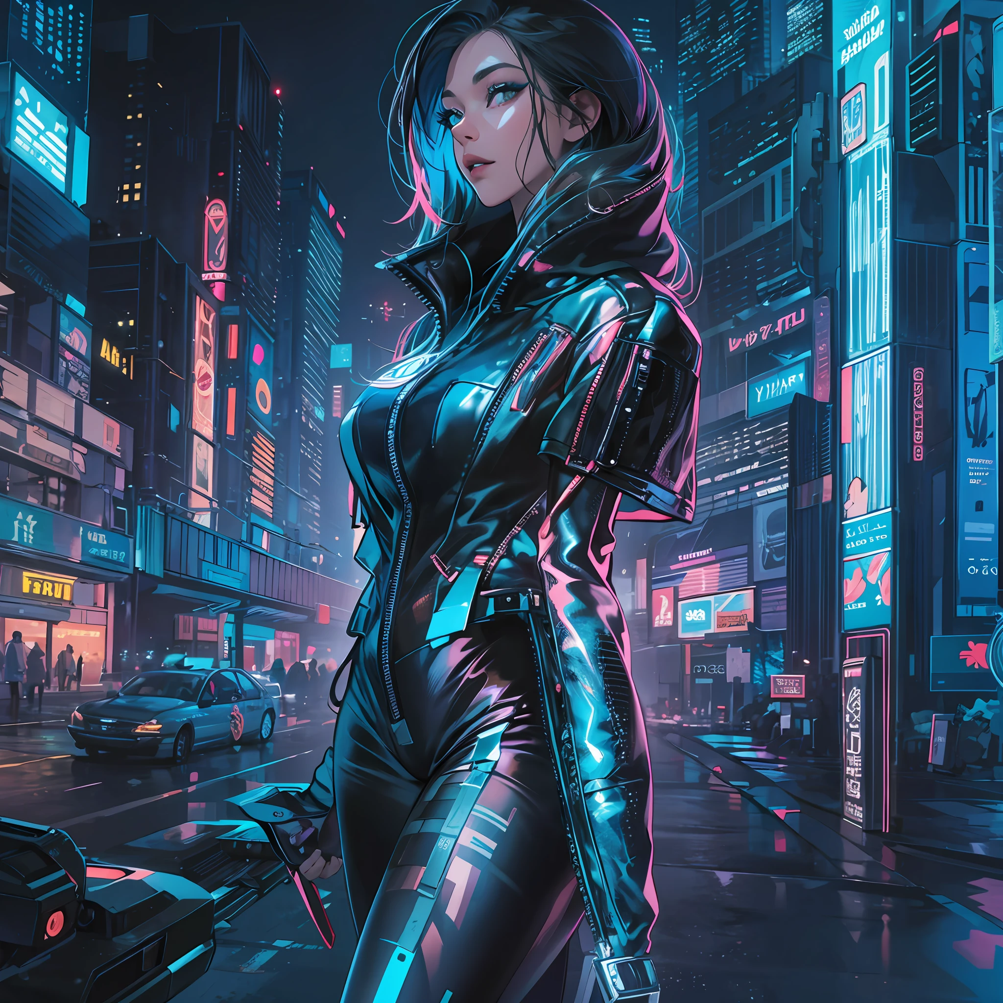 In this futuristic masterpiece, a woman of age 30 exudes an alluring and confident aura as a Futuristic Femme Fatale. The setting is a high-tech, cyberpunk-inspired world that seamlessly blends sleek modernity with a touch of dystopian edge.

Dressed in a stunning futuristic fashion ensemble, the woman is a visual marvel. Her attire is a symphony of textures and materials, blending metallic accents, holographic fabrics, and glowing LED patterns. Each detail is meticulously crafted, creating a sense of awe-inspiring artistry that draws the viewer in.

With an air of confidence, the woman stands amidst the urban sprawl of the cyberpunk city. Neon lights cast a vibrant glow on her features, illuminating her perfectly styled hair and enhancing the electric blue streaks that run through it. Her makeup is equally avant-garde, with holographic elements that catch the light and mesmerize the onlooker.

The Femme Fatale's gaze is intense and captivating, hinting at a world of secrets and intrigue beneath her enigmatic exterior. Her posture exudes confidence, a reflection of her command over the high-tech world she inhabits.

The cyberpunk setting comes alive with awesome detail. Holographic billboards and neon signs illuminate the streets, while hovering vehicles and drones add to the futuristic atmosphere. The architecture is a mix of sleek skyscrapers and gritty back alleys, painting a vivid picture of a world where technology and humanity collide.

Every inch of this image is a testament to the artist's skill, with awesome detail permeating every aspect. The reflection of the high-tech city in the woman's sharp shades, the intricate patterns of her clothing, and the reflections of neon lights on her metallic accessories all contribute to the overall stunning effect.

masterpiece captures the essence of the Futuristic Femme Fatale, presenting a woman of undeniable allure and power in a world where technology reigns supreme. The fusion of confidence, cutting-edge fashiion