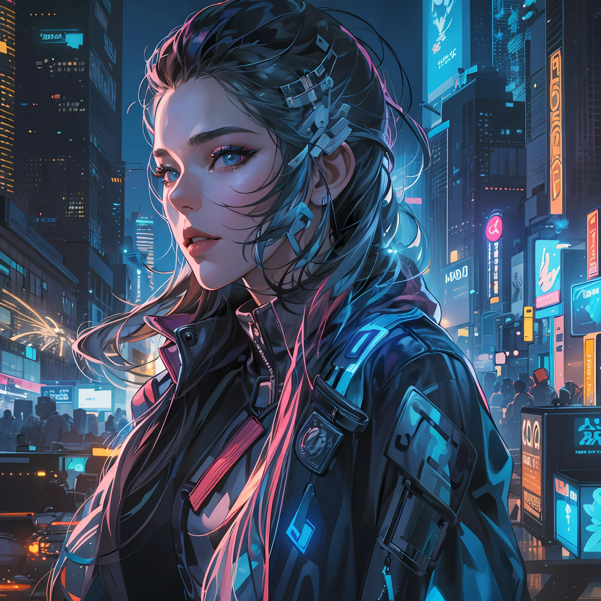 In this futuristic masterpiece, a woman of age 30 exudes an alluring and confident aura as a Futuristic Femme Fatale. The setting is a high-tech, cyberpunk-inspired world that seamlessly blends sleek modernity with a touch of dystopian edge.

Dressed in a stunning futuristic fashion ensemble, the woman is a visual marvel. Her attire is a symphony of textures and materials, blending metallic accents, holographic fabrics, and glowing LED patterns. Each detail is meticulously crafted, creating a sense of awe-inspiring artistry that draws the viewer in.

With an air of confidence, the woman stands amidst the urban sprawl of the cyberpunk city. Neon lights cast a vibrant glow on her features, illuminating her perfectly styled hair and enhancing the electric blue streaks that run through it. Her makeup is equally avant-garde, with holographic elements that catch the light and mesmerize the onlooker.

The Femme Fatale's gaze is intense and captivating, hinting at a world of secrets and intrigue beneath her enigmatic exterior. Her posture exudes confidence, a reflection of her command over the high-tech world she inhabits.

The cyberpunk setting comes alive with awesome detail. Holographic billboards and neon signs illuminate the streets, while hovering vehicles and drones add to the futuristic atmosphere. The architecture is a mix of sleek skyscrapers and gritty back alleys, painting a vivid picture of a world where technology and humanity collide.

Every inch of this image is a testament to the artist's skill, with awesome detail permeating every aspect. The reflection of the high-tech city in the woman's sharp shades, the intricate patterns of her clothing, and the reflections of neon lights on her metallic accessories all contribute to the overall stunning effect.

masterpiece captures the essence of the Futuristic Femme Fatale, presenting a woman of undeniable allure and power in a world where technology reigns supreme. The fusion of confidence, cutting-edge fashiion