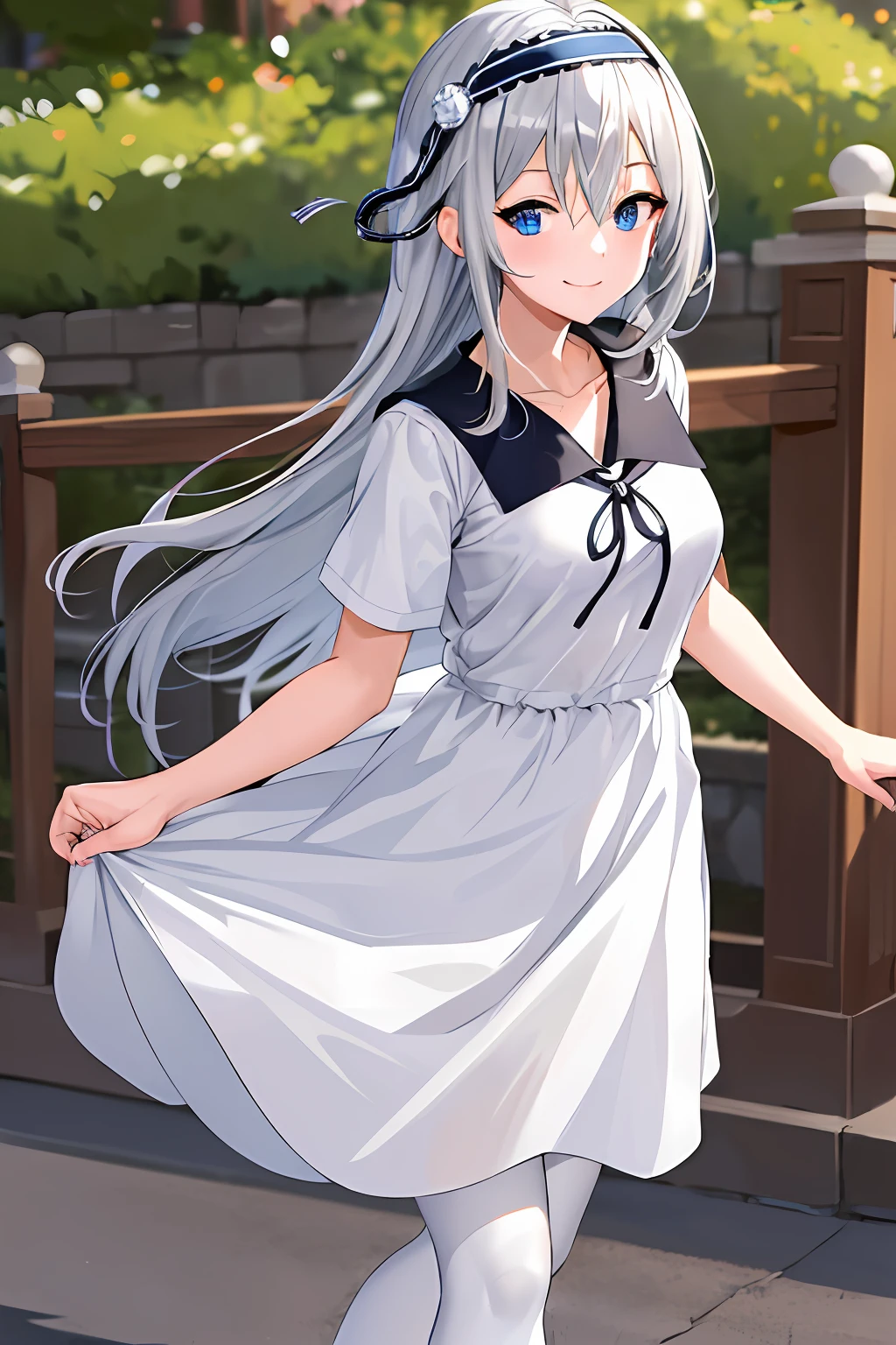 masterpiece,best quality, highres, kei1, 1girl, solo, blue eyes, long hair, white dress, short sleeves, ribbon, bangs, collarbone, grey hair, whte skirt, black hairband, black pantyhose, neck ribbon, hair between eyes, medium breasts, sailor collar, shoes, cowboy shot, smile, standing,