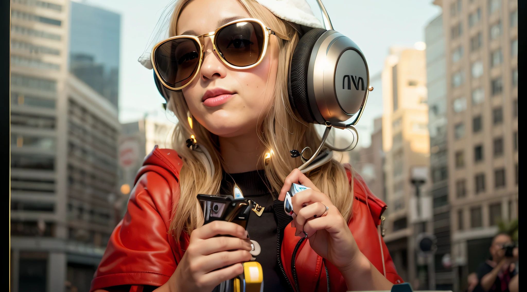 Blonde girl wearing sunglasses and headphones holding a camera, usando fones de ouvido, Fones de ouvido DJ Rave, vibing to music, retro style and 1 9 8 0 s, jamming to music, DJ Sura, giant headphones rocking out, com fones de ouvido, com fones de ouvido, foto comercial do brinquedo, Usando fones de ouvido, retro estilizado, Estilo 8 0's, Listening to music, por Wayne England