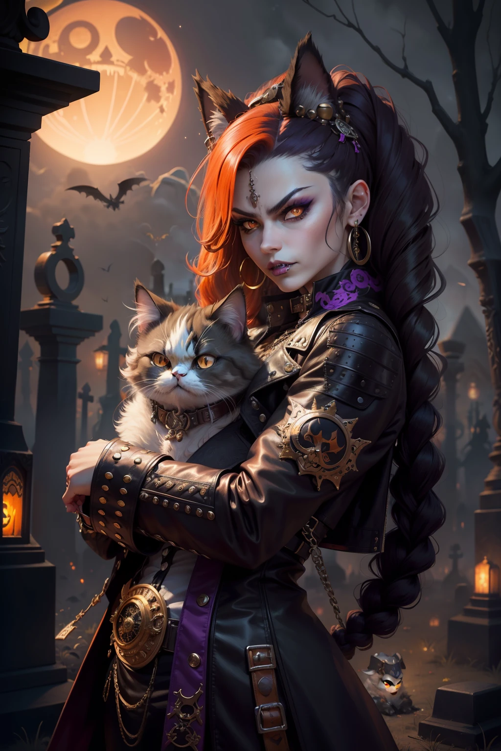 persian cat Anthropomorphic vampire , steampunk ,, , studded leather jacket with intricate ornamentation orange and purple , pirate steampunk theme,, , highest quality,, very angry face, body fitness, full body, long hair with braids , at night in the cemetery with fireflies