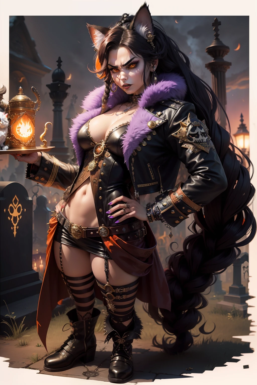 persian cat Anthropomorphic vampire , steampunk ,, , studded leather jacket with intricate ornamentation orange and purple , pirate steampunk theme,, , highest quality,, very angry face, body fitness, full body, long hair with braids , at night in the cemetery with fireflies