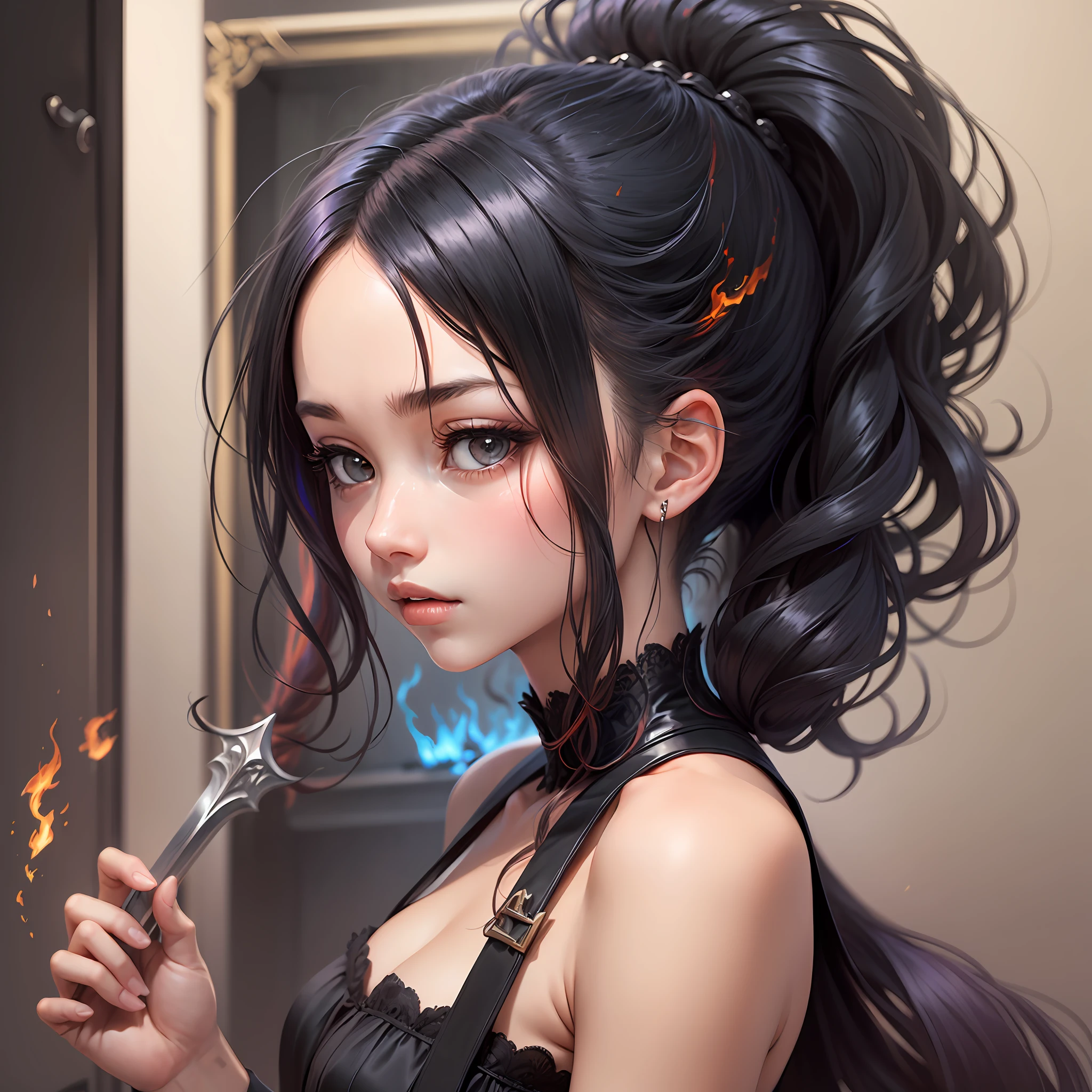 The girl who had the fire hair and black eyes with dragons and wheat lumps head, black dress and black, sward, 16K, and beautiful face, cute and fire hair,, with Fargon and black, look and Soo beautiful and side hear --auto --s2