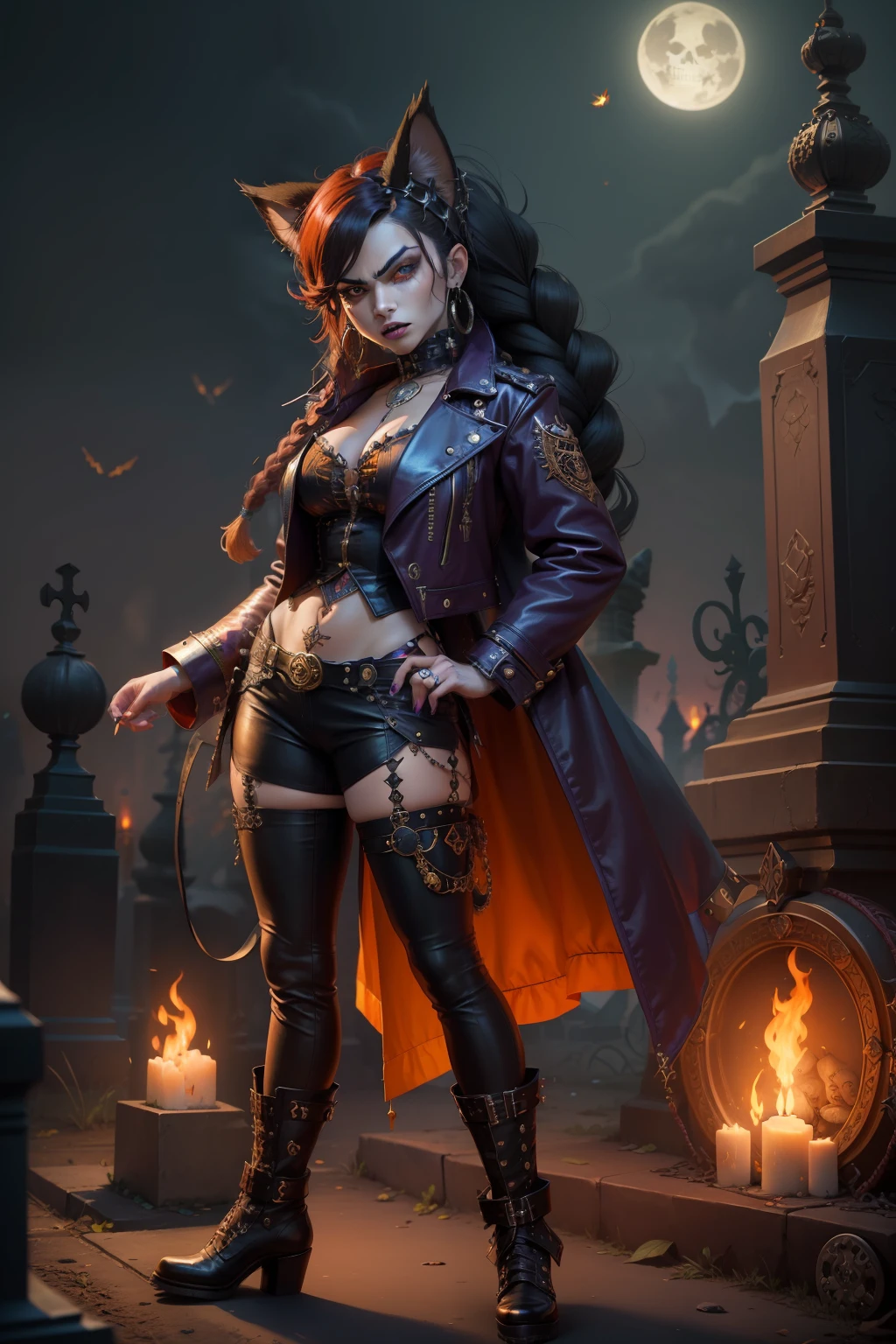 persian cat Anthropomorphic vampire , steampunk ,, , studded leather jacket with intricate ornamentation orange and purple , pirate steampunk theme,, , highest quality,, very angry face, body fitness, full body, long hair with braids , at night in the cemetery with fireflies