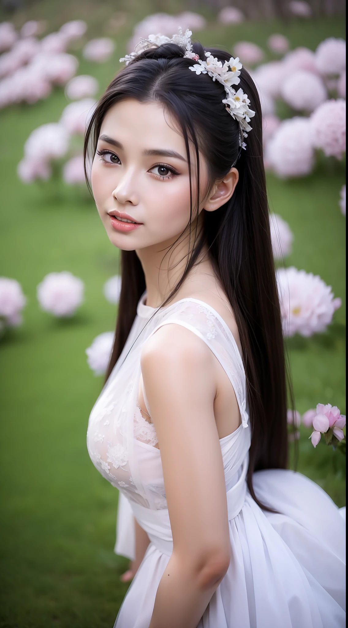 Fashion model 14 years old [[[[closeup cleavage]]]], [[[[boobgasm]]]], [[[[coll]]]], [[[[bshoulders]]]], perfect  eyes, Perfect iris，Perfect lips，perfect teeth，Perfect skin，Long face，slender nose，Soft front light，hdr，Movie girl，The background is grass and flowers，（pastel colour：1.2）