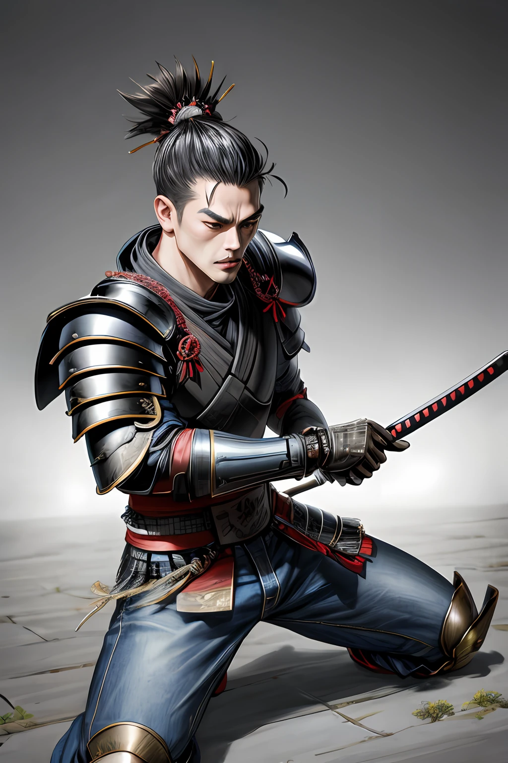 Samurai shadown style samurai wearing denim and métal Armor super detailed hyper realistic in battle