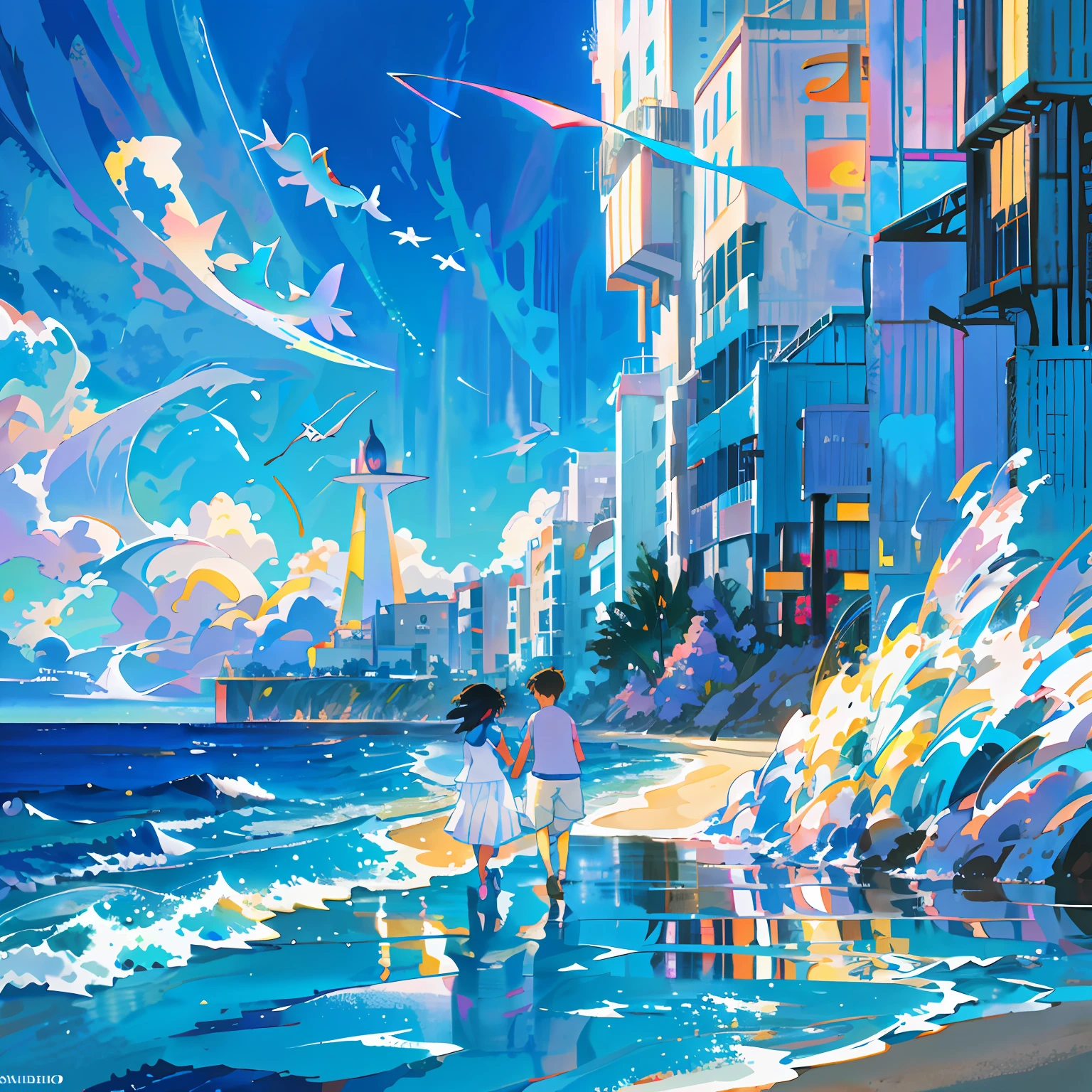 Draw a couple walking on the beach with a kite, Blue sea. By Makoto Shinkai, Makoto Shinkai Cyril Rolando, Makoto Shinkai's style, in the style of makoto shinkai, inspired by Makoto Shinkai, studio glibly makoto shinkai, rob rey and kentaro miura style