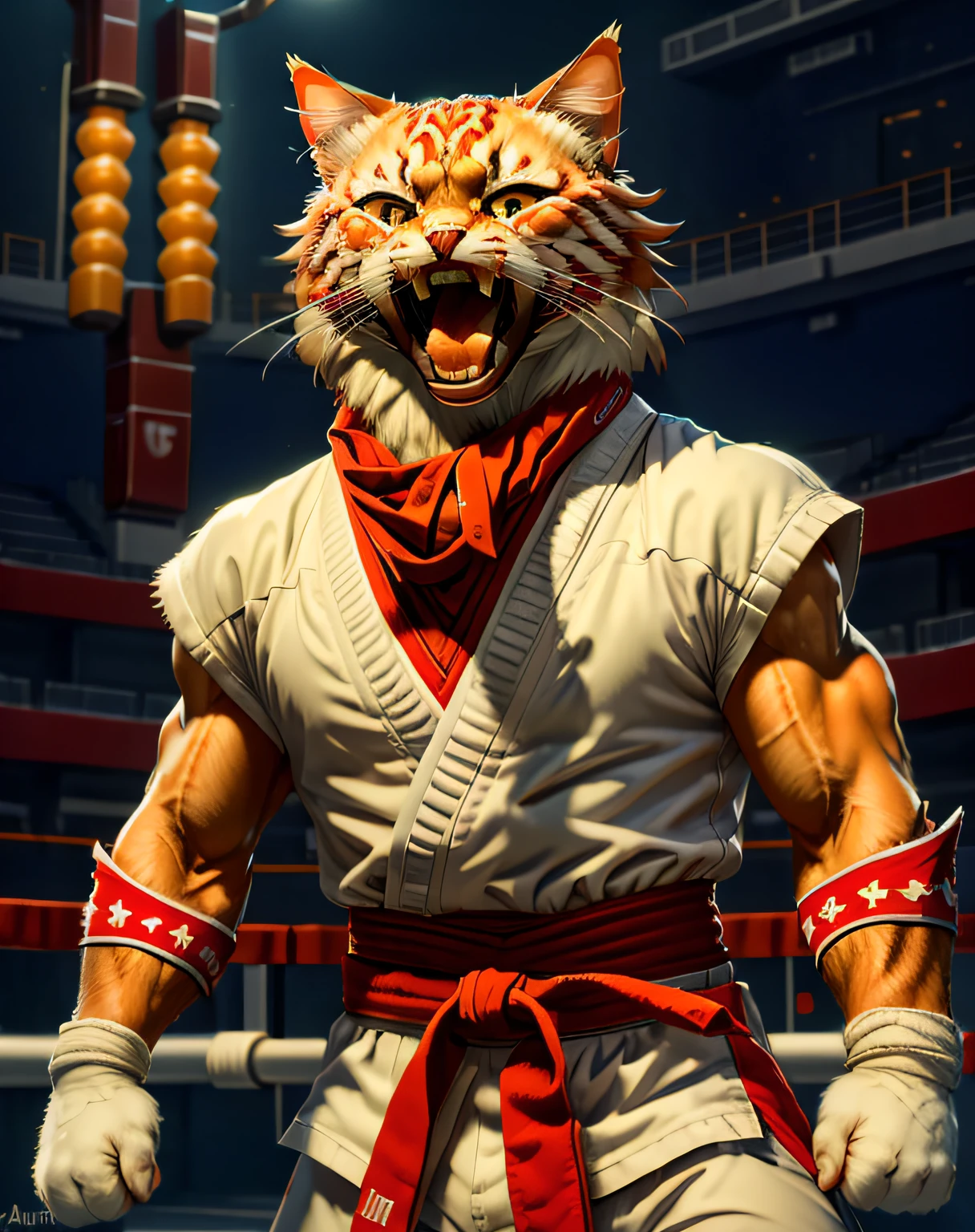 (masterpiece, best quality, beautiful RAW photography:1.4), c4ttitude, wearing white karate outfit, red bandana, focusing energy, street fighter, dynamic pose, screaming:1.4, (showing teeth:1.3), dramatic lighting, photorealistic, intricate, highly detailed, (detailed sports arena background:1.1), wallpaper, 8k, trending on artstation