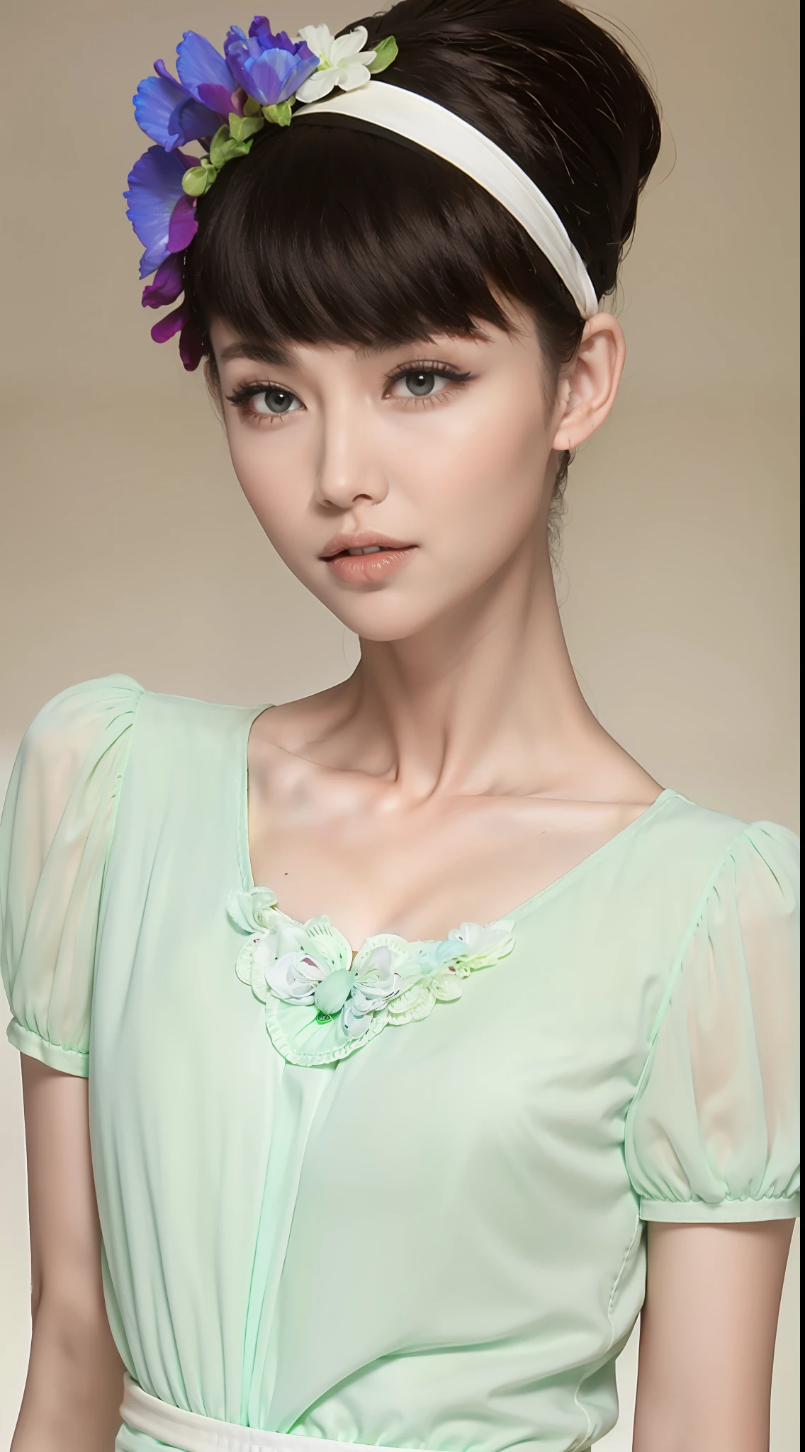 Fashion model 20 years old [[[[closeup cleavage]]]], [[[[boobgasm]]]], [[[[coll]]]], [[[[bshoulders]]]], perfect  eyes, Perfect iris，Perfect lips，perfect teeth，Perfect skin，Long face，slender nose，with fair skin，Soft front light，hdr，Movie girl，white  clothes，Casual，The background is outdoor，Green trees and flowers，（pastel colour：1.2）