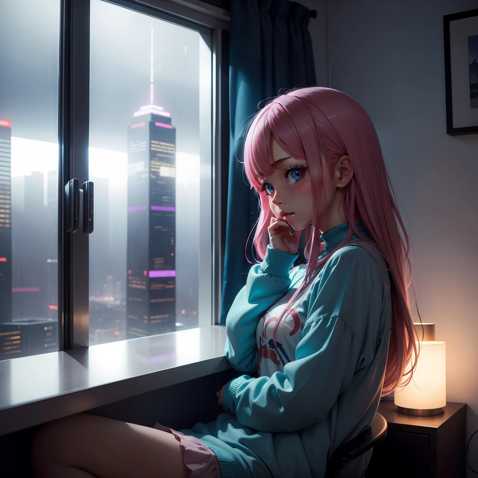 anime girl chilling in a cozy room with neon lights, looking out at the skyscraper window, rainy outside, masterpiece, beautiful