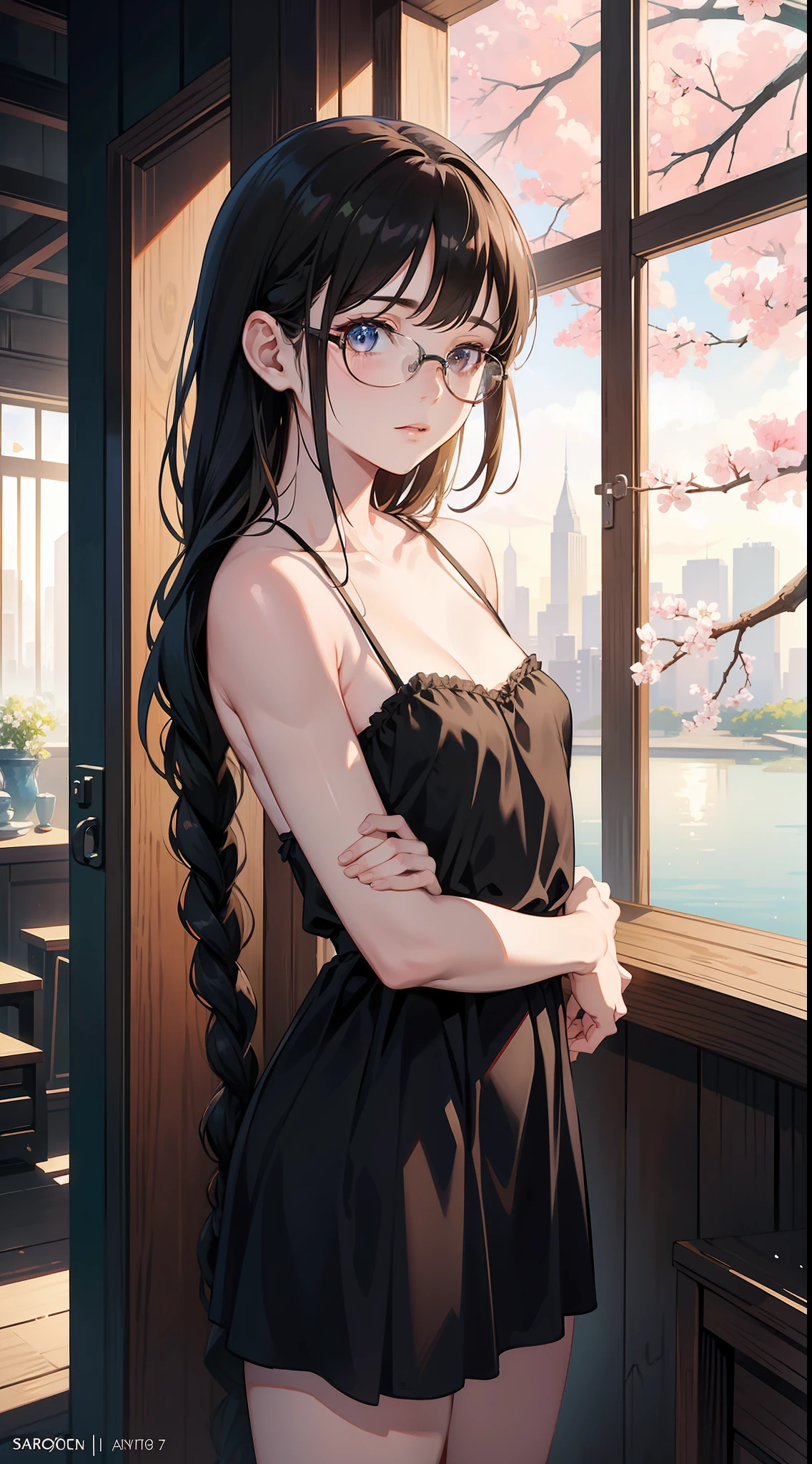 Beautiful Young Margaret Qualley, The Last of Us, game, glasses, tiny strapless dress, hyperrealistic, , model body, small breasts, beautiful breasts, long hair, braided hair, blonde hair, long legs, 8k, em lakefront, cherry blossom, sunlight, led lighting, blood on the wall, pool of blood, full of human remains, detailed reflection, anime style