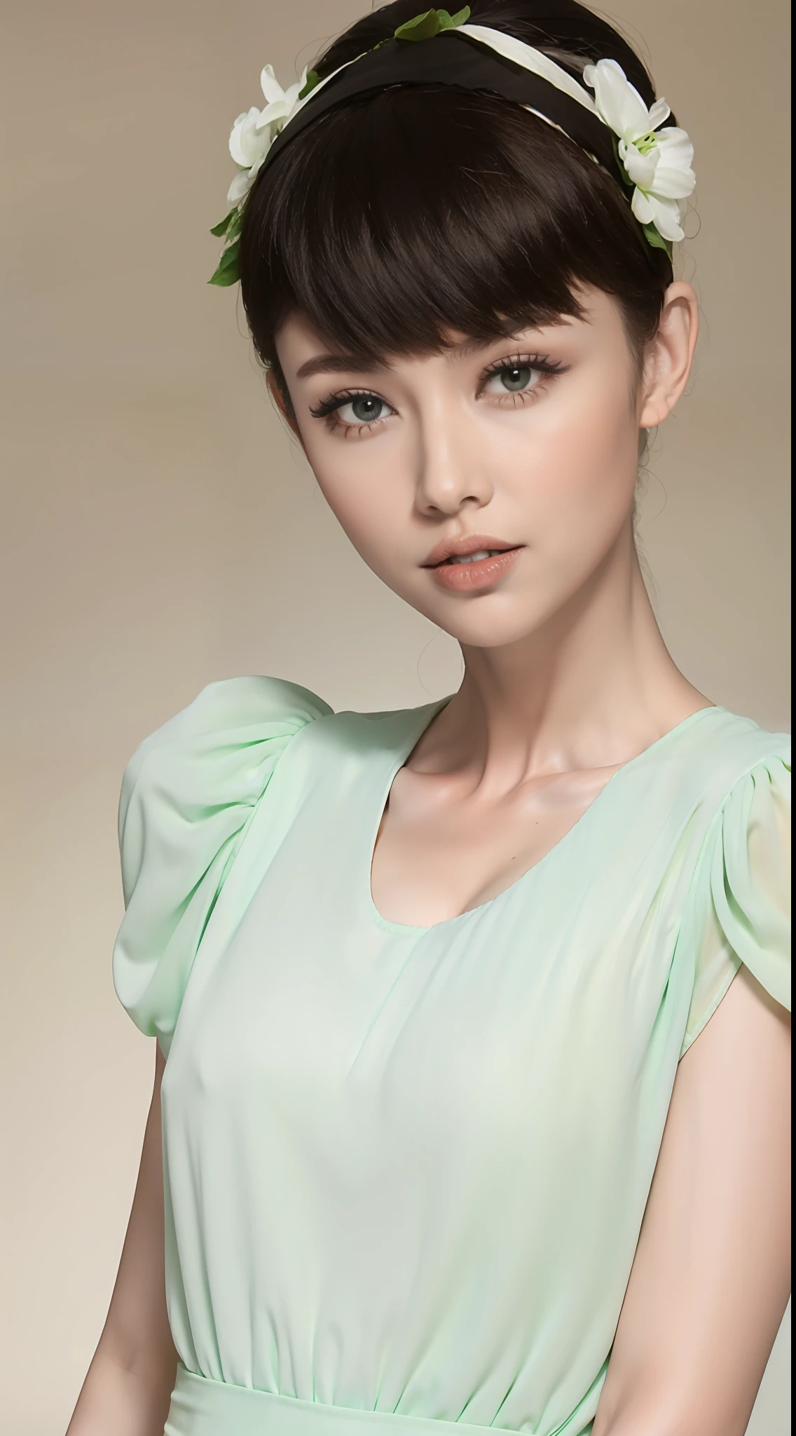 Fashion model 20 years old [[[[closeup cleavage]]]], [[[[boobgasm]]]], [[[[coll]]]], [[[[bshoulders]]]], perfect  eyes, Perfect iris，Perfect lips，perfect teeth，Perfect skin，Long face，slender nose，with fair skin，Soft front light，hdr，Movie girl，white  clothes，Casual，The background is outdoor，Green trees and flowers，（pastel colour：1.2）