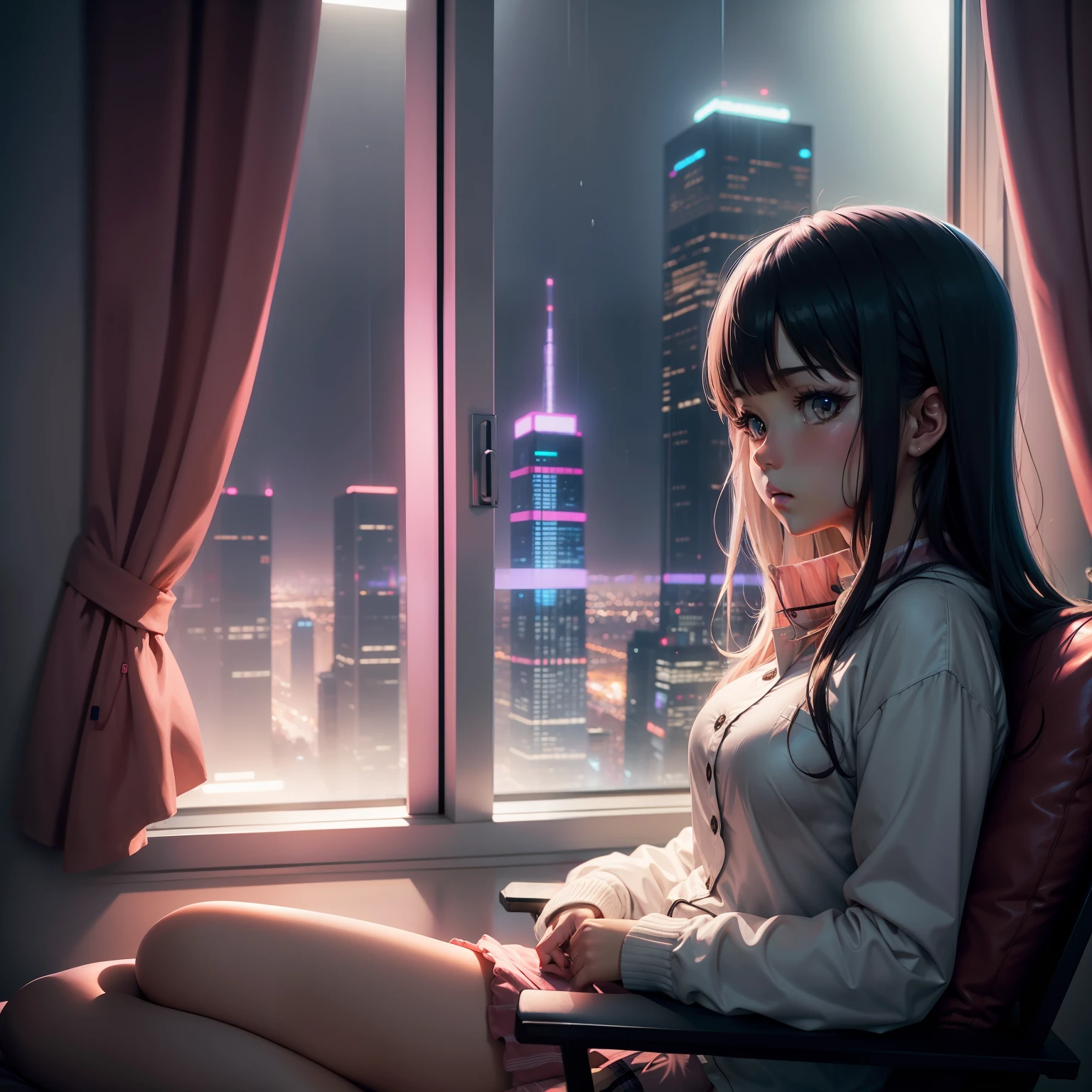 anime girl chilling in a cozy room with neon lights, looking out at the skyscraper window, rainy outside, masterpiece, beautiful