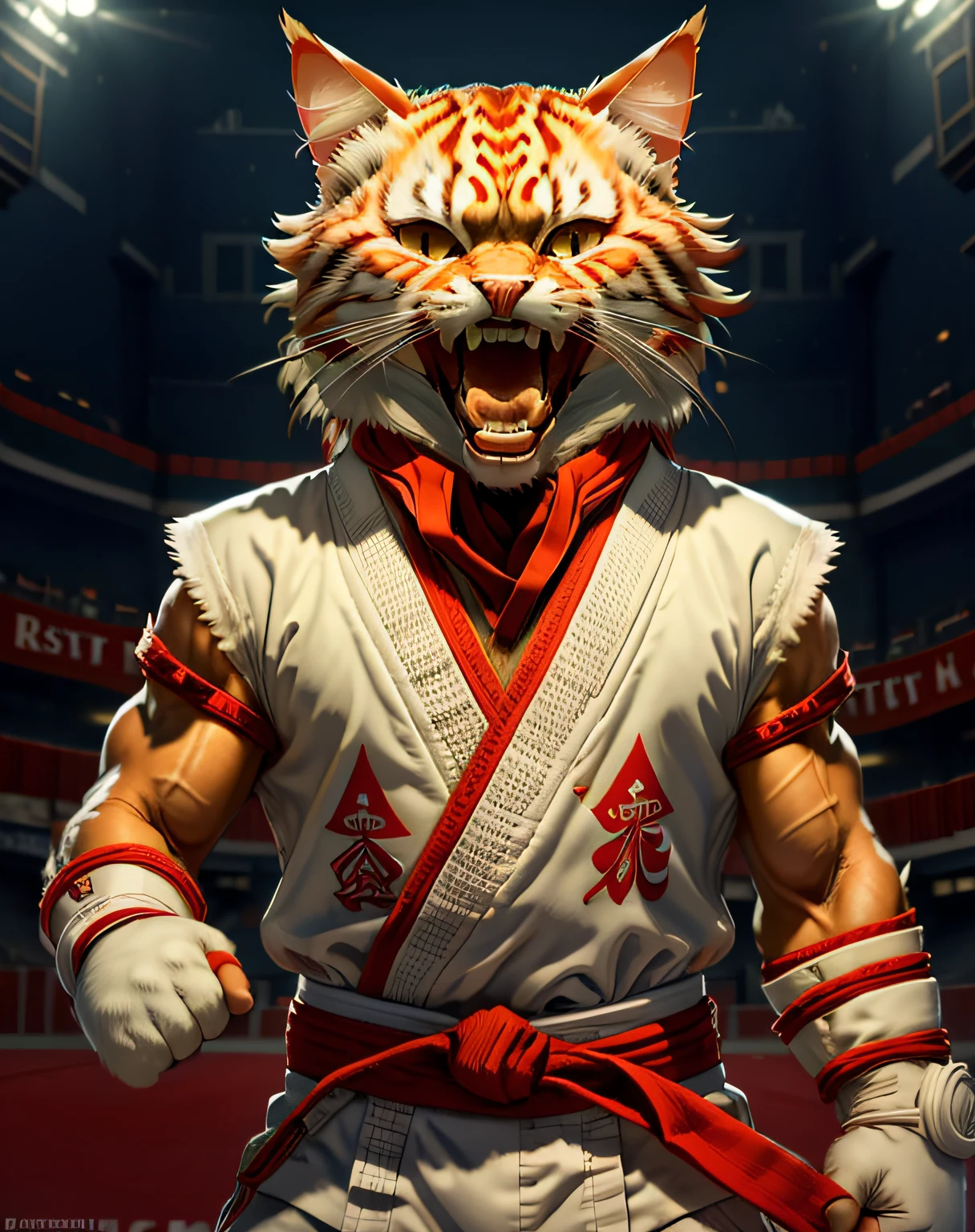 (masterpiece, best quality, beautiful RAW photography:1.4), c4ttitude, wearing white karate outfit, red bandana, focusing energy, street fighter, dynamic pose, screaming:1.4, (showing teeth:1.3), dramatic lighting, photorealistic, intricate, highly detailed, (detailed sports arena background:1.1), wallpaper, 8k, trending on artstation