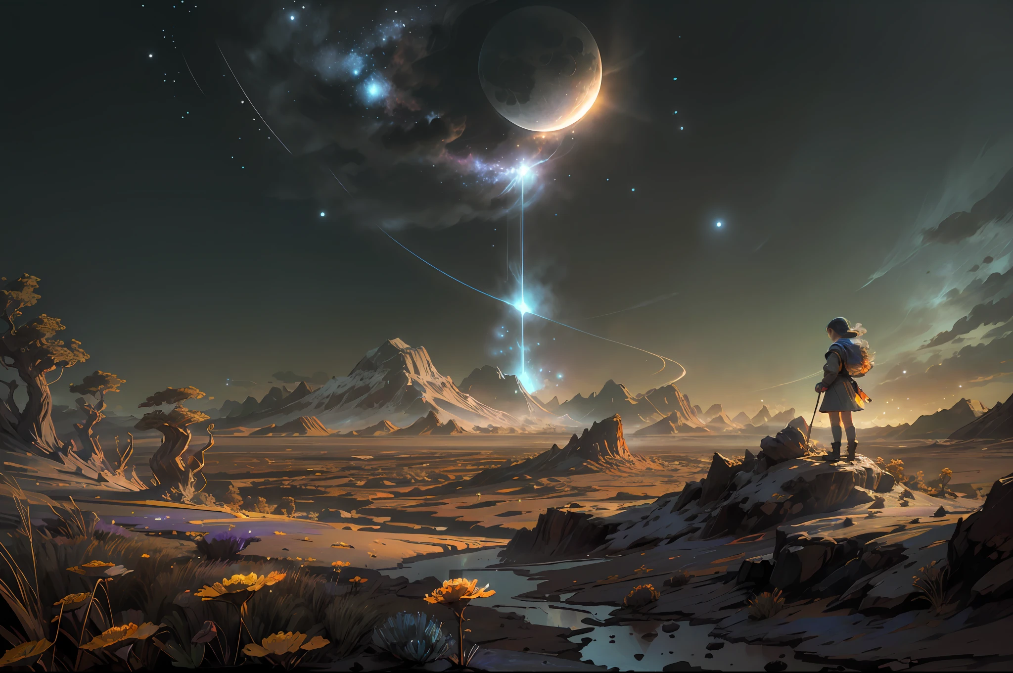 Expansive landscape photography, (vista desde abajo con una vista del cielo y el desierto abajo), girl standing in a flower field looking up, (Luna llena: 1.2), (estrella fugaz: 0.9), (Nebulosa: 1.3), distant mountain, Treebreaker Production Art, (warm light source: 1.2), (glowworm: 1.2), lamplight, purple and orange, Detalles intrincados, volume illumination, ruptura de realismo (obra maestra: 1.2) (mejor calidad), 4k, ultra detallado, (dynamic setting: 1.4), Detalles altamente detallados y coloridos, (colores iridiscentes: 1.2), (bright illumination, Atmospheric Illumination), Dreamy, magica, (solamente: 1.2) escenario