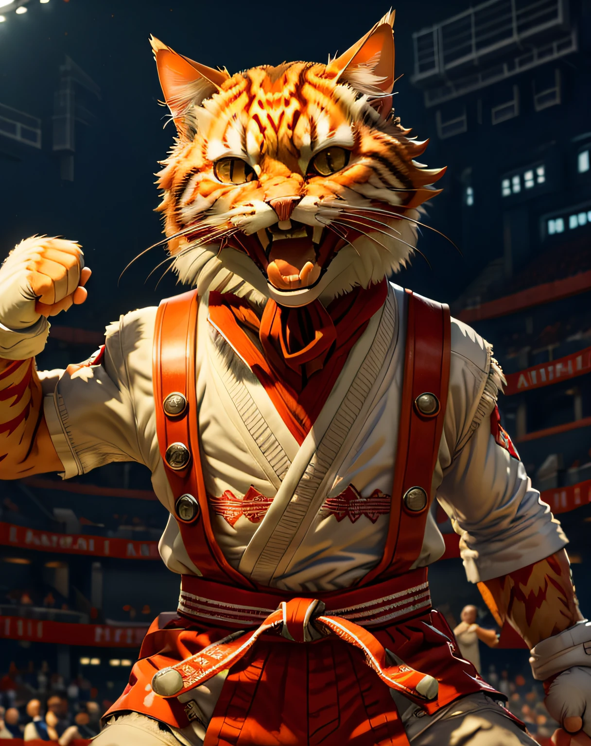 (masterpiece, best quality, beautiful RAW photography:1.4), c4ttitude, wearing white karate outfit, red bandana, focusing energy, street fighter, dynamic pose, screaming:1.4, (showing teeth:1.3), dramatic lighting, photorealistic, intricate, highly detailed, (detailed sports arena background:1.1), wallpaper, 8k, trending on artstation