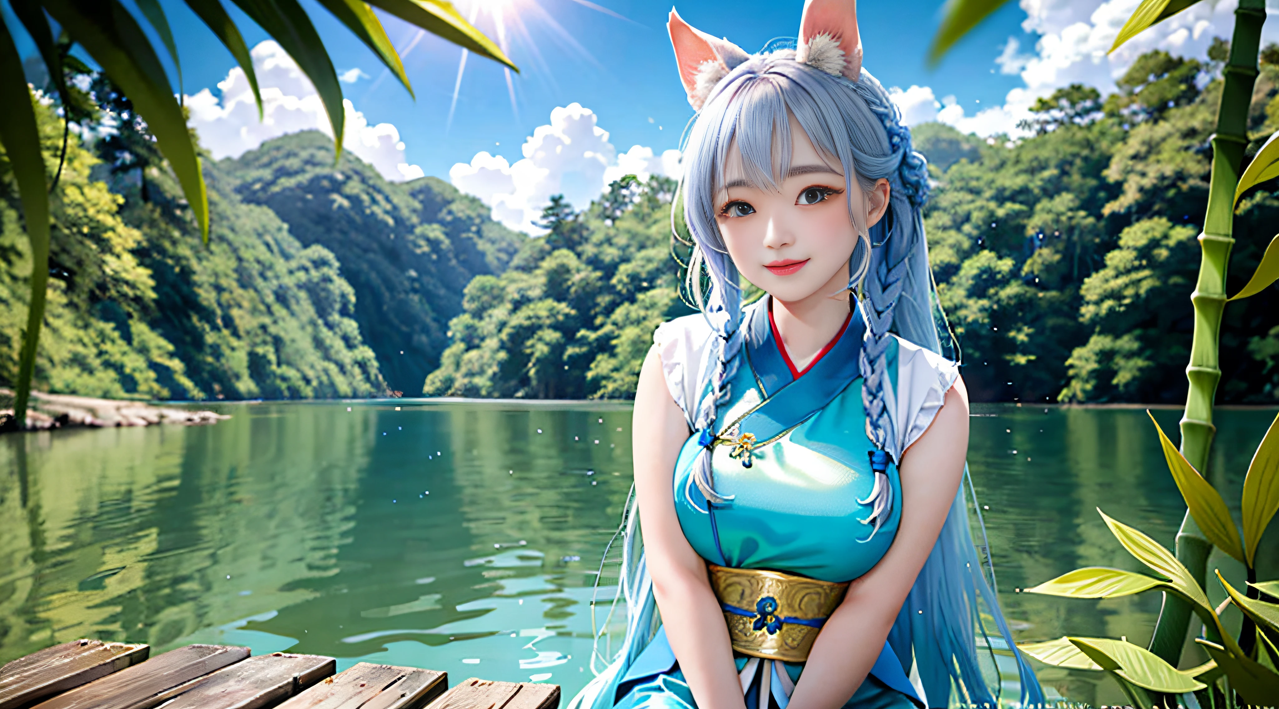 In a blue sky,There are seven rainbows of summer in the bamboo forest under the daytime,and the sun was shining brightly,There is soft natural light, dingdall effect,An intimate portrait of a young girl about eighteen years old,The girl's appearance is thick eyebrows,There are big watery eyes,The girl has long silver hair,Bangs between the eyebrows,Double up braid,The head is worn with ornaments of rabbit ears,She blushed,Sitting alone on a wooden pier in light blue Hanfu,A wooden pier juts out onto the tranquil lake,The girl closed her mouth and smiled at the viewer,Hands resting naturally and easily on your knees,A happy smile on his face。The sun casts a warm glow on the scene,Illuminates the ripples in the water,Cast a soft shadow on the girl's face。Behind her,A dense forest stretches into the distance,The green bushes contrast with the pale blue sky above。Despite the tranquility of the surroundings,But there was a clear sense of joy in the girl。