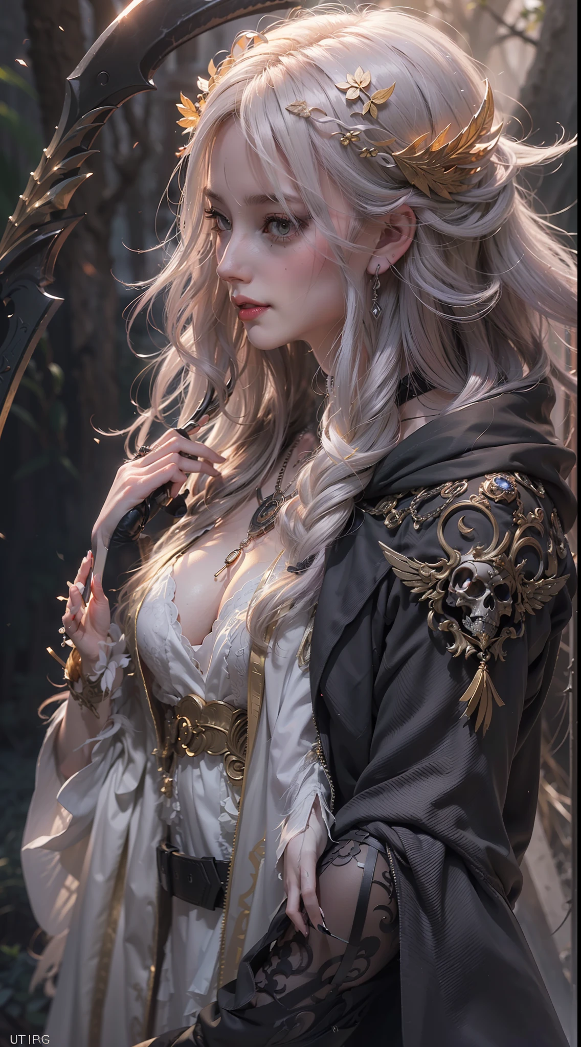 (Numerous award-winning masterpieces of, With incredible details, textures and maximum detail), (Ultra photo realsisim:1.4), (Realistic:1.3), (up of the upper body:0.3), (best quality real texture skin), (finely detailed true circle eyes), (Fine and meticulous beautiful face:1.4), (Aesthetic and decadent image:1.5), ((medieval world)), (shinigami:1.4), (icy look in the eye), (She had a nasty smile on her face，But the eyes did not smile:1.3), (Whole body image:1.5), (It held a soul harvesting scythe in his hand:1.5), (Eyes that glow red in the dark), (Dramaticlight), Sacrificial altar, (A majestic sight), (Magic array of ominous light:1.3), Her countenance is gentle and beautiful, but somehow terrifying, (large wings，There are rough black feathers behind the shoulders:1.3), (Whole body image:1.5), (Wearing a dark black hooded robe with intricate patterns:1.2), (A sack containing the soul of the harvest，Exudes a faint glow:1.5), Folded wings, Skull pattern earrings, (The second is the Skeleton Reaper: 1.3), (((Dramatic photo))), (Twilight), (Sunset), (Dusk), ((dramatic pose)), (flamboyant photo), (Golden hair), (Silver hair), (maroon hair), ((head looking up)), ((Looking down)), (Whole body image:1.5), (Around her neck is a simple necklace of exquisite workmanship), The forgotten graves are overgrown with vegetation, The Great Necropolis, Underground labyrinth, Evil Temple Ruins, Sacrificial temples, mistic, Ancient Castle Site, Ruins of a deserted cemetery, Collapsed tombs, Backwater Ancient Site, Swamp ruins, wavelets, running water, Shining majestic cloud masses and sky, salama,
