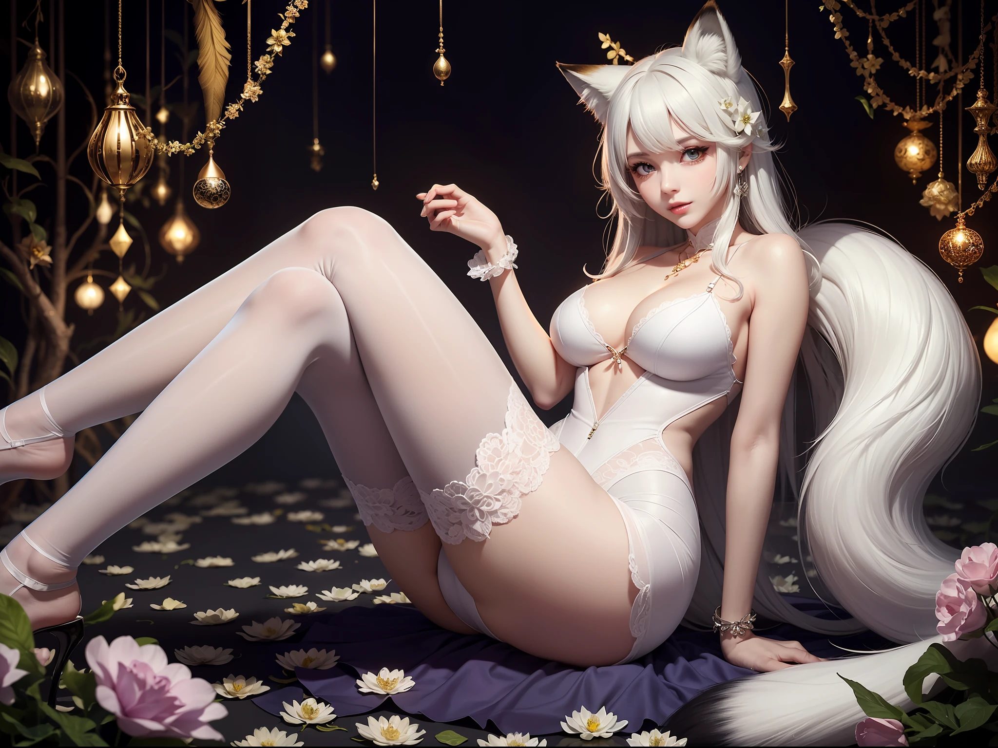 1girll，独奏，offcial art，统一 8k 壁纸，ultra - detailed，Beauty and aesthetics，tmasterpiece，best qualtiy，Photoreality，fox demon，Raised sexy，Seductive expression，lacepantyhose，upper legs，Large breasts，Seductive figure，White color hair，((fox ear，fox tails)),（abstract backgrounds）,（zentangle，datura，Tangles，Tangle background：0.7),depth of fields, Fantastic atmosphere, The most beautiful forms of chaos, ellegance, Fauvistdesign, Flower of Death, Flowers of ecstasy