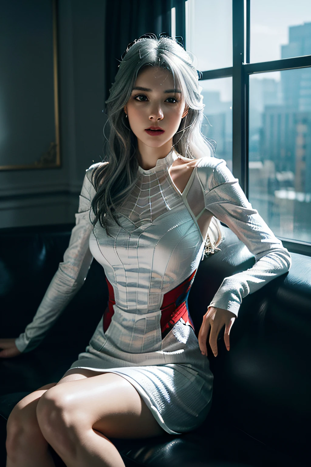 (Extreme Detail CG Unity 8K Wallpapers,tmasterpiece,Highest image quality),(Delicate light and shadow,The picture is highly dramatic,Cinematic lens effect),full bodyesbian,A girl in a short white Spider-Man dress,Silver-gray hair color,From the Spider-Man parallel universe,Wenger,Marvel,Spidey,sitting in the couch,dynamicposes),(Exceptional detail,The lighting effect is outstanding,Vista wide angle),(Excellent rendering,Enough to stand out from the crowd),The focus is on the white Spider-Man costume,Complex spider textures