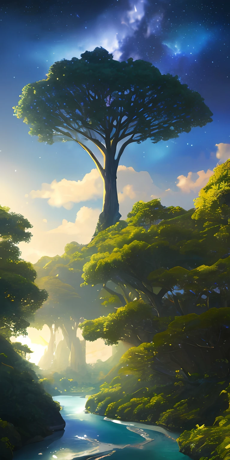 Illustration of a hyperrealistic scene, de outro mundo, Ultrasky with full body of a giant crystal tree of life, Very detailed and magical lighting, detalhes intrincados da floresta, vegetation and river around, solarpunk, paisagem, giant tree, beautiful leaves with beautiful lighting and realistic proportions, as if it were a cinematic background, 8k, max quality, obra-prima, Clouds and stars in the sky.