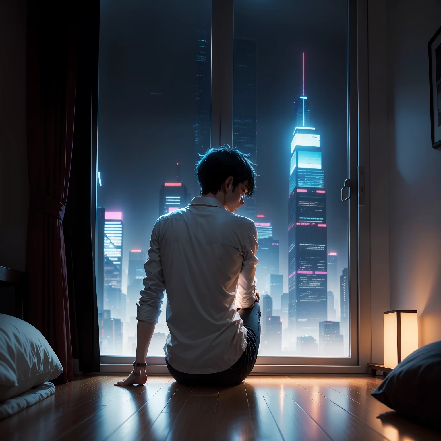 anime guy chilling in a cozy room with neon lights, looking out at the skyscraper window, rainy outside, masterpiece, beautiful