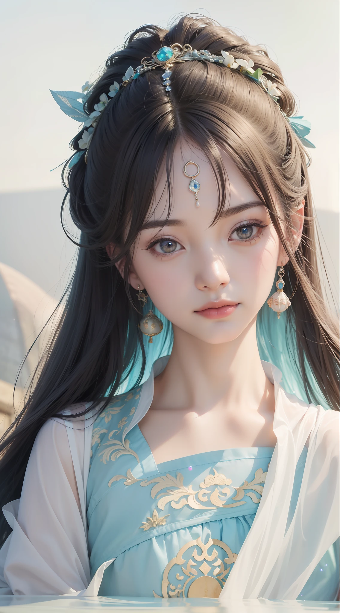 Dunhuang style, 1girle, (realistic, photorealistic :1.3), (((dance))), extremely delicate beautiful girl, supple fair skin, delicate facial features, perfect face, light makeup, peach blossom eye makeup, sexy collarbone, portrayed hand details, delicate hands, delicate eyelashes, delicate eyes, bare shoulders, stunning beauty, extreme details, realistic details, best quality, highly detailed, masterpiece, shoulder, navel, flying pipa girl, The background is a Dunhuang mural, dance moves, one hand raised above the head, One hand stretched forward, Buddhist pose, gray hair, long hair, complex hair accessories, Chinese hairpins, fluttering ribbons, dynamic perspective, hair bubbles, flowers on the head, gradient eyes, smile, surrealism, high detail, romanticism, cinematic lighting, glitter, reflected light, UHD, retina, masterpiece, super detail, textured skin, anatomically correct, high detail, best quality, high resolution, high quality, award-winning, 8K