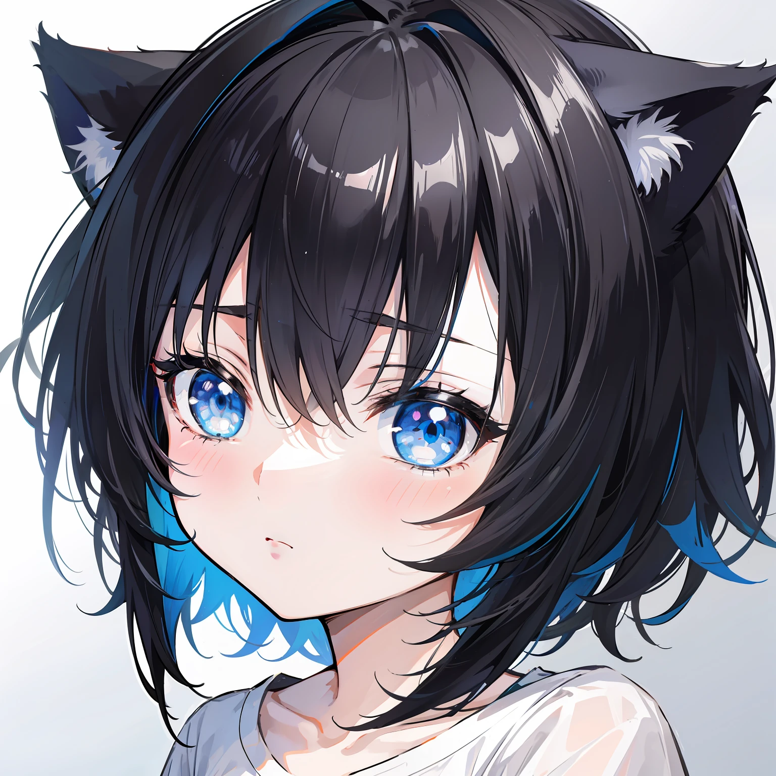 Black color hair，blue color eyes，Cat ears，Little Shota，Young，Face in Focus，Face portrait，adolable，Short hair，Simple white T-shirt