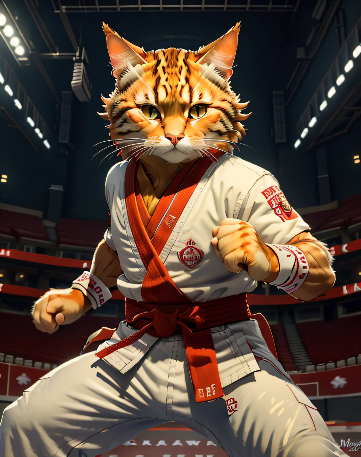 (masterpiece, best quality, beautiful RAW photography:1.4), c4ttitude, wearing white karate outfit, red bandana, focusing energy, street fighter, dramatic lighting, photorealistic, intricate, highly detailed, (detailed sports arena background:1.1), wallpaper, 8k, trending on artstation