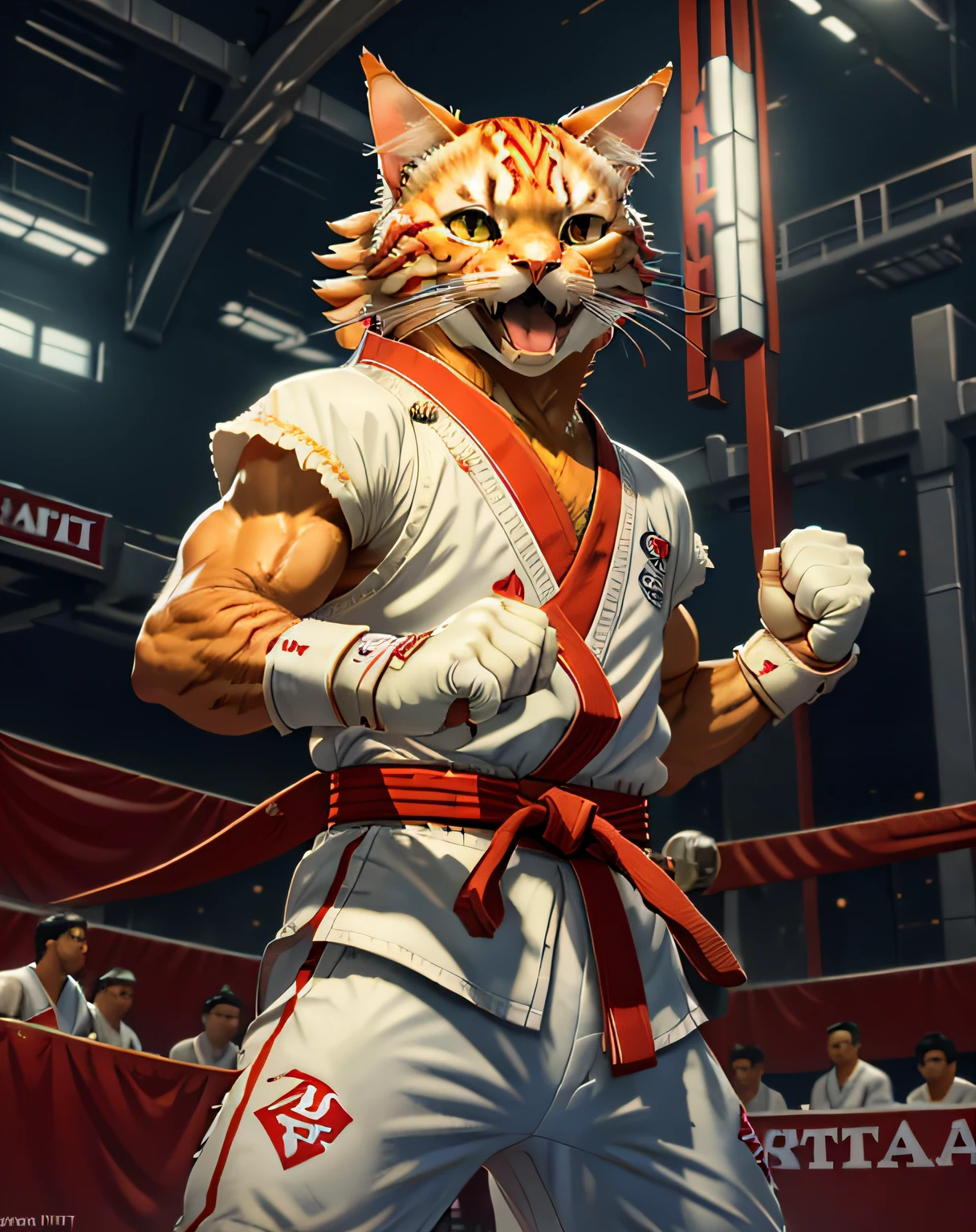 (masterpiece, best quality, beautiful RAW photography:1.4), c4ttitude, wearing white karate outfit, red bandana, focusing energy, street fighter, dynamic pose, flying dragon punch, screaming:1.4, dramatic lighting, photorealistic, intricate, highly detailed, (detailed sports arena background:1.1), wallpaper, 8k, trending on artstation