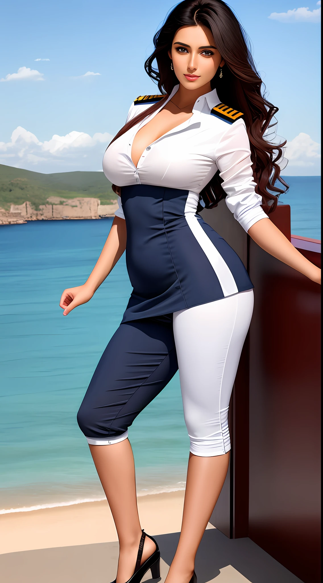 4K, Masterpiece, highres, beautiful dark haired mod_woman, wearing ship captain dress, perfect mod_bodyy, 25 year old indian beautiful girl, beautiful face, beautiful body, white tight shirt, rank, medal, black pant, black formal shoe, on a ship in the sea, dressed as ship captain, big breasts , big hips, tight clothes, super lighting, beautiful natural background, highly detailed, hyper realistic, dynamic pose