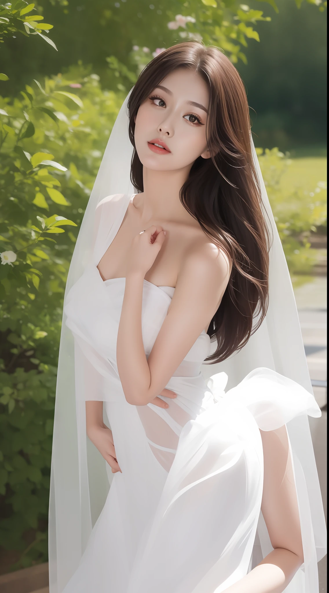 Fashion model 18 years old [[[[closeup cleavage]]]], [[[[boobgasm]]]], [[[[coll]]]], [[[[bshoulders]]]], perfect  eyes, Perfect iris，Perfect lips，perfect teeth，Perfect skin，Long face，slender nose，with fair skin，Soft front light，hdr，Movie girl，Casual，long whitr hair，Long hair with a shawl，The background is outdoors，Green trees and flowers（pastel colour：1.2）