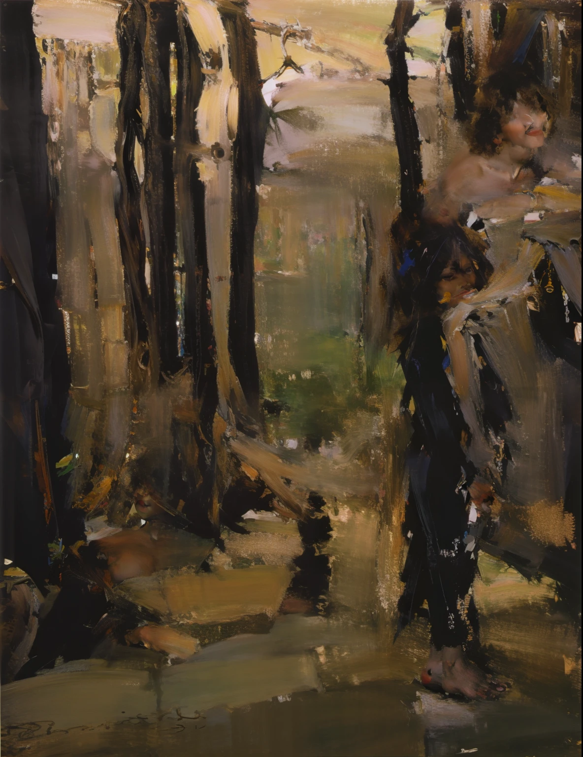 A landscape of a forest of long trees in the passage of autumn, uma garota de cabelo curto e vestido preto andando de bicicleta
