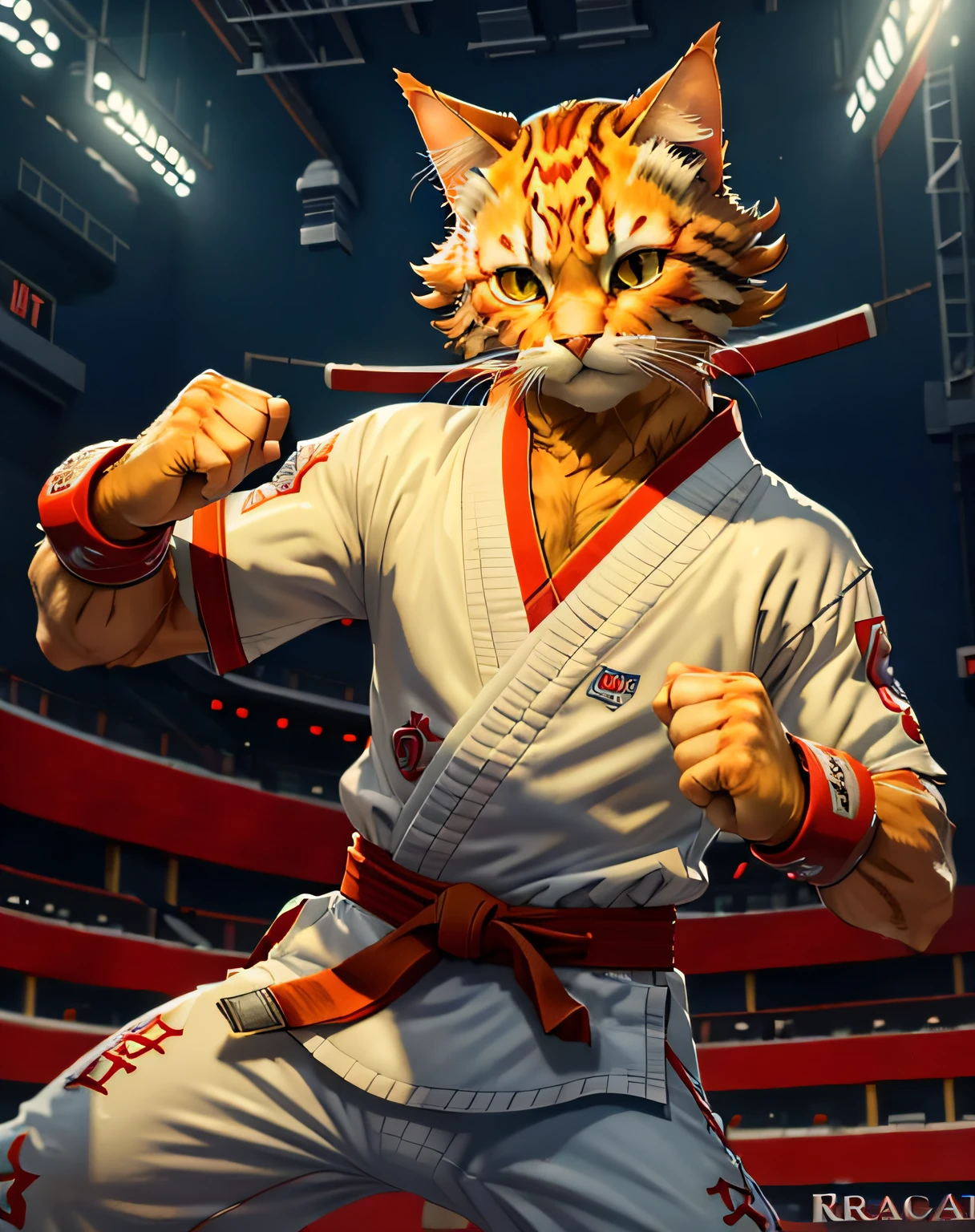 (masterpiece, best quality, beautiful RAW photography:1.4), c4ttitude, wearing white karate outfit, red bandana, focusing energy, street fighter, dynamic pose, flying dragon punch, screaming:1.4, dramatic lighting, photorealistic, intricate, highly detailed, (detailed sports arena background:1.1), wallpaper, 8k, trending on artstation