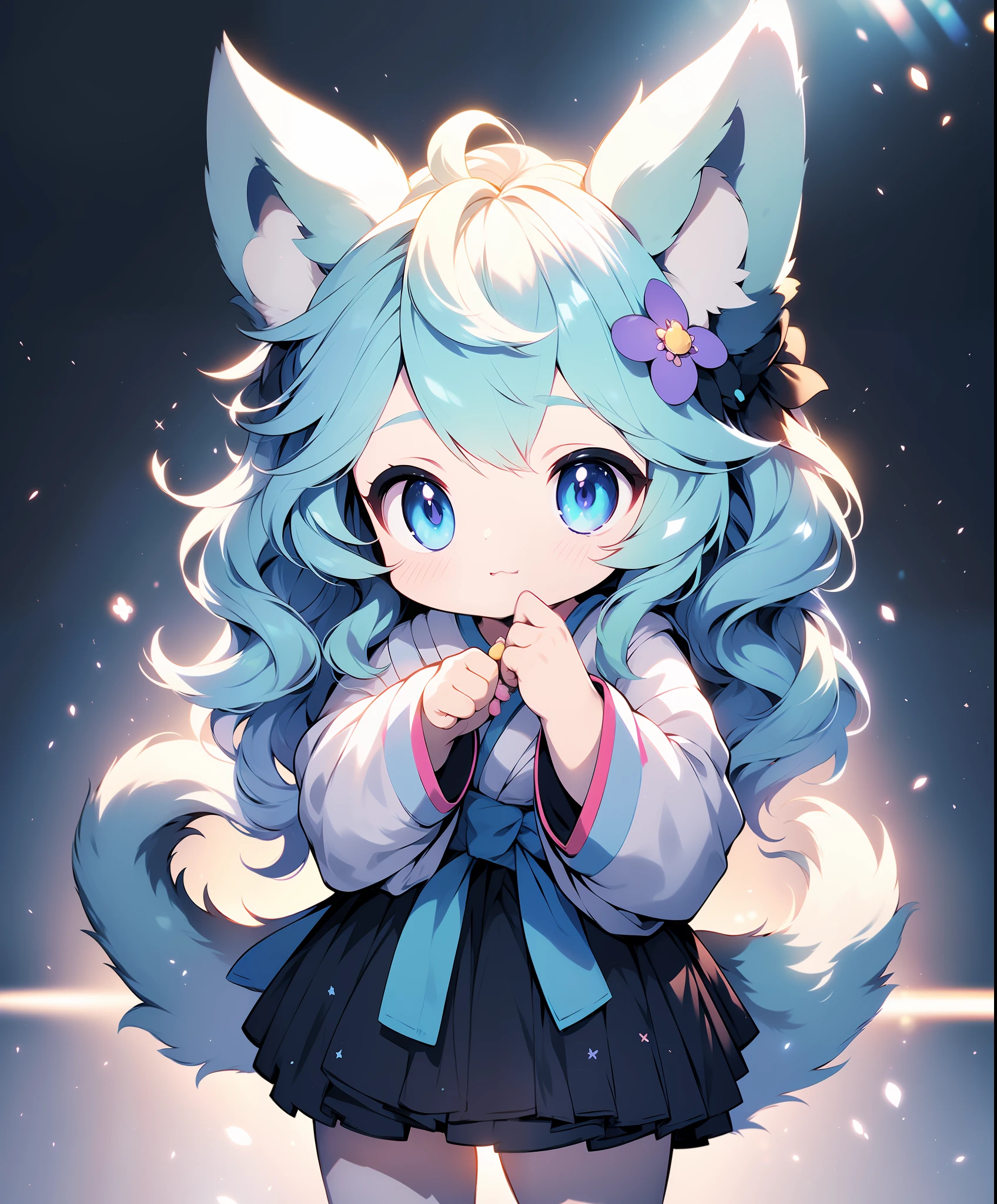 best quality,masterpiece,(realistic, photo-realistic),photo background,Point-of-View Shot,moody lighting,face focus,
1girl, animal ears, nekomata okayu, cat ears, solo, tail, cat tail ,Aqua hair, French crop, Newly washed hair, Hanbok, 
rainbow-candy,