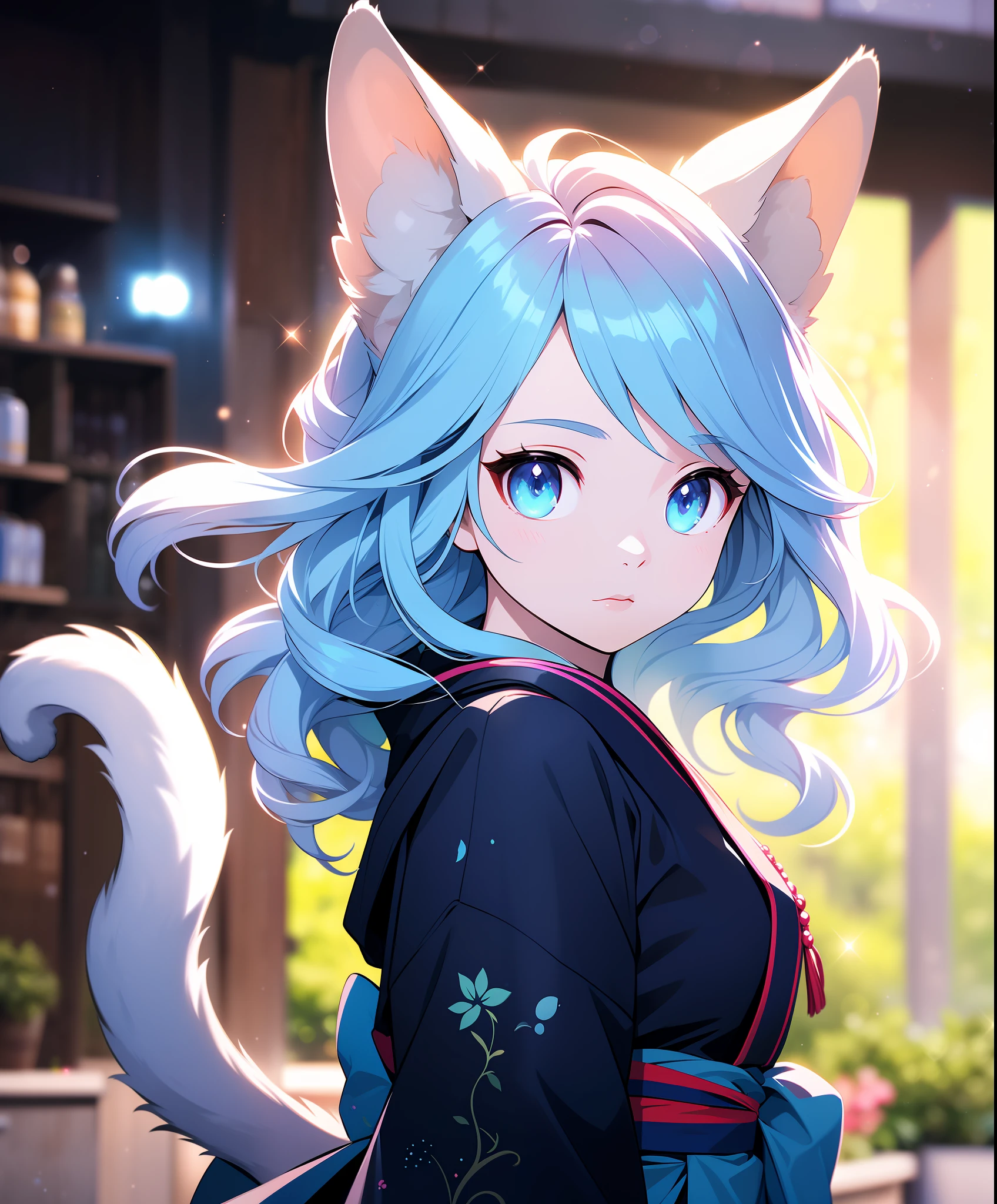 best quality,masterpiece,(realistic, photo-realistic),photo background,Point-of-View Shot,moody lighting,face focus,
1girl, animal ears, nekomata okayu, cat ears, solo, tail, cat tail ,Aqua hair, French crop, Newly washed hair, Hanbok, 
rainbow-candy,