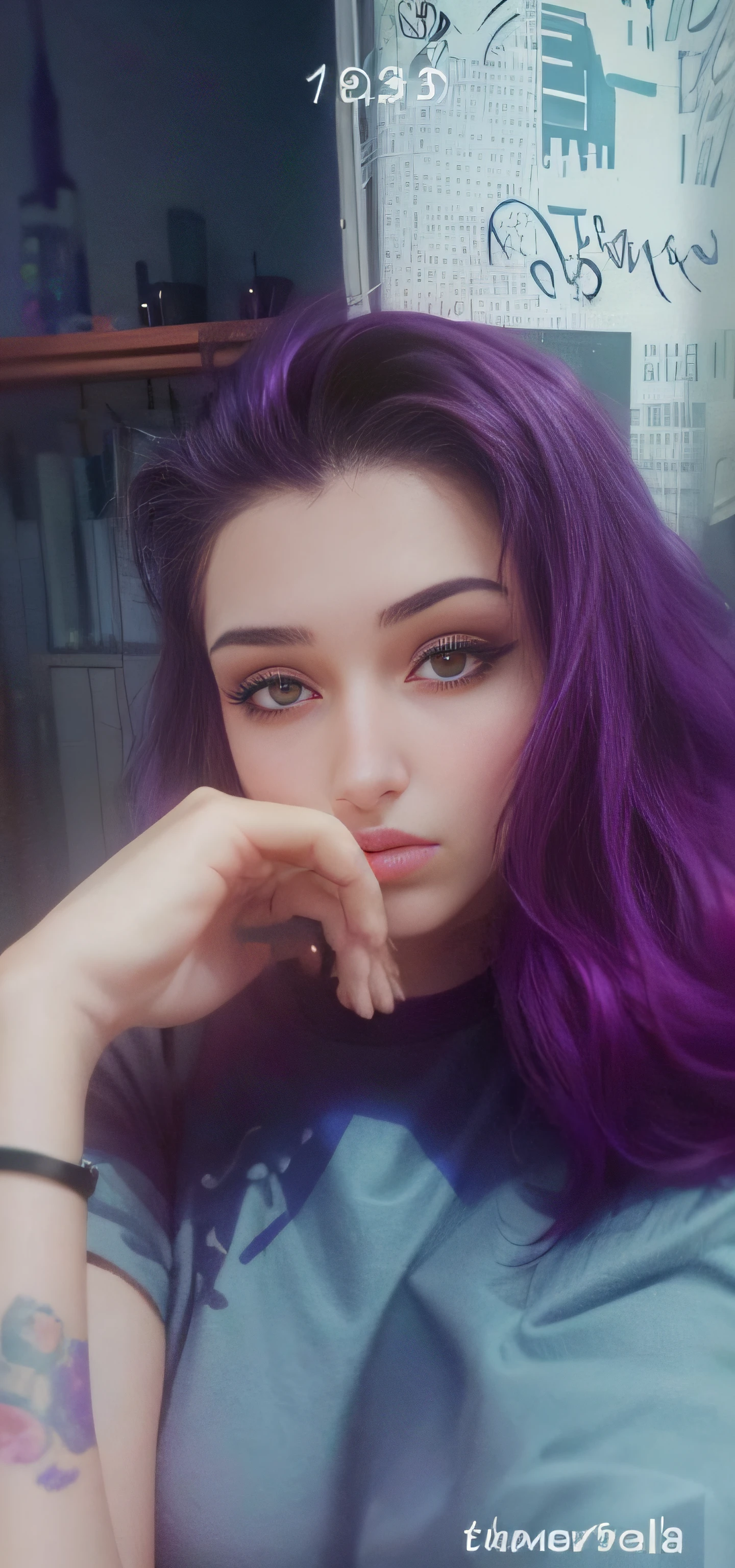 Purple haired girl with a tattoo on her arm and a black shirt, ela tem cabelo roxo, cabelo roxo, dark purple hair and cybernetics, em torno de 1 9 anos, cabelo longo roxo, cabelo roxo longo, 18 anos, cabelos pretos e roxos, 1 6 anos, Streamer do Twitch, cabelo violeta, 1 8 I, cabelo roxo escuro, cabelos tingidos, Fix hands, olhos escuros