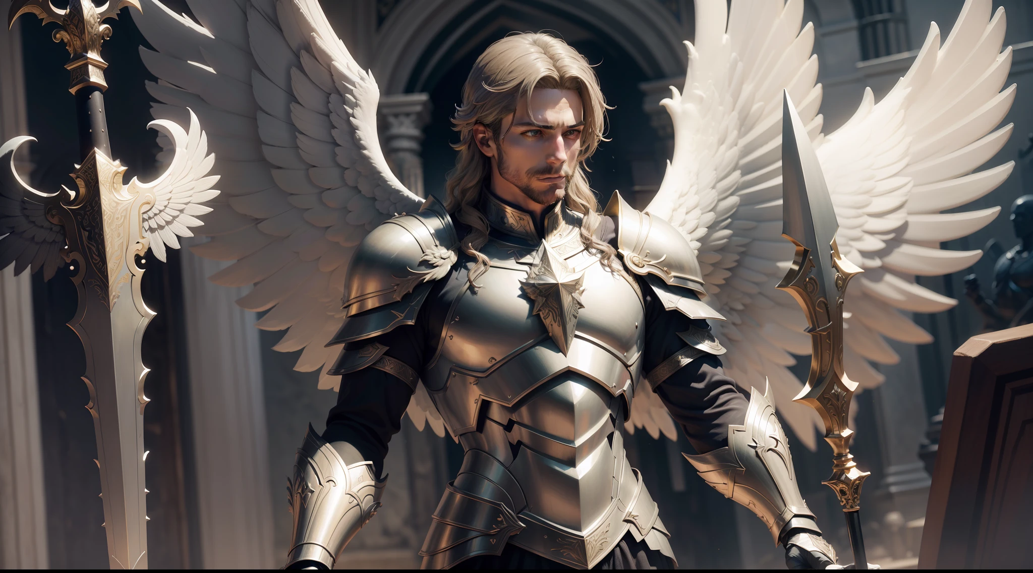 Archangel Michael, trending on artstation, sharp focus, studio photo, intricate details, highly detailed, by greg rutkowski, Arafed statue of a man with wings and a sword, angel in plastic armor, Arcanjo Miguel, arcanjo, saint michael the angel, anjo protegendo o homem, biblical accurate angel, Anjo majestoso de corpo inteiro, Armor angle with wing, anjo, epic angel wings, asas de anjo grande bem abertas, Artista CG, massive angel wings, angelic, cg arte