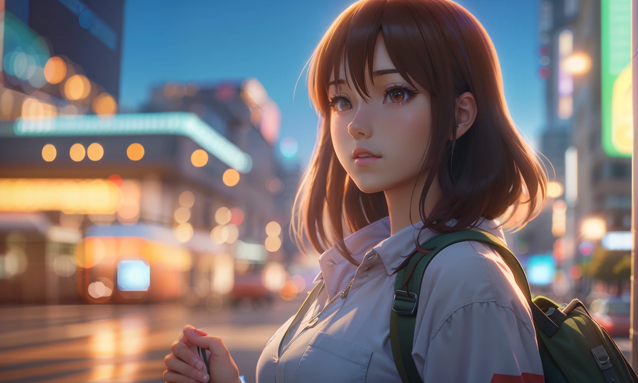 Anime girl with backpack looking at city camera, Realistic anime 3 D style, Smooth anime CG art, 8K Artgerm bokeh, 3 d anime realistic, realistic anime artstyle, photorealistic anime girl rendering, Photorealistic anime, style of anime4 K, anime realism style, Detailed digital anime art, Anime style. 8K, realistic art style