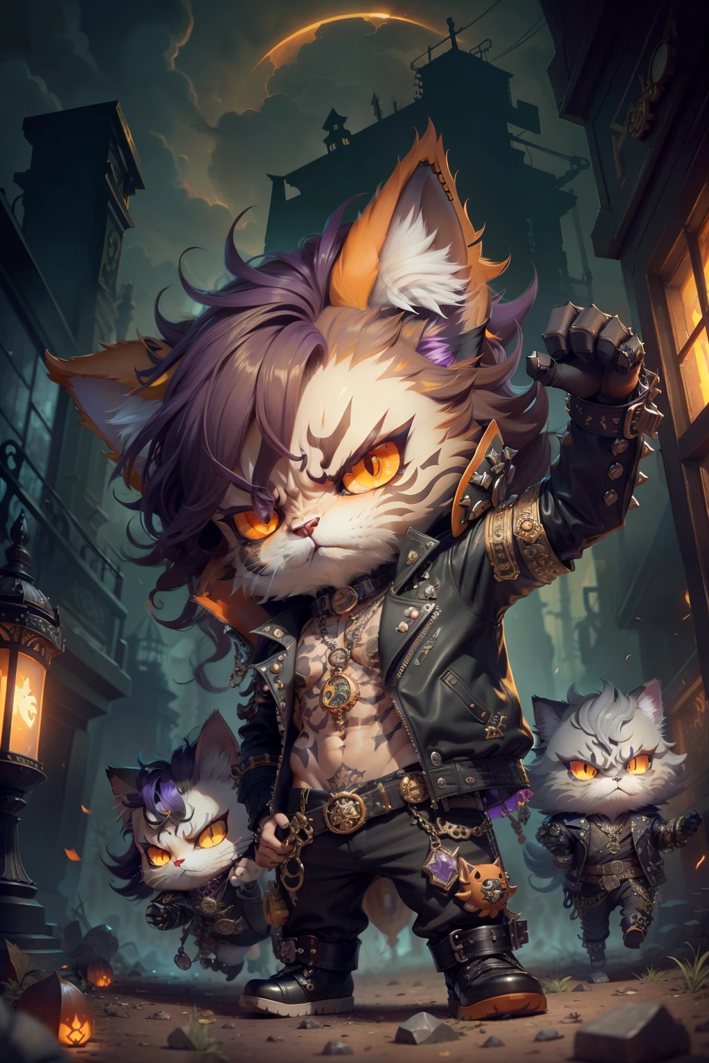 persian cat Anthropomorphic vampire , steampunk ,, , studded leather jacket with intricate ornamentation orange and purple , pirate steampunk theme,, , highest quality,, very angry face, body fitness, full body, long hair with braids , at night in the cemetery with fireflies