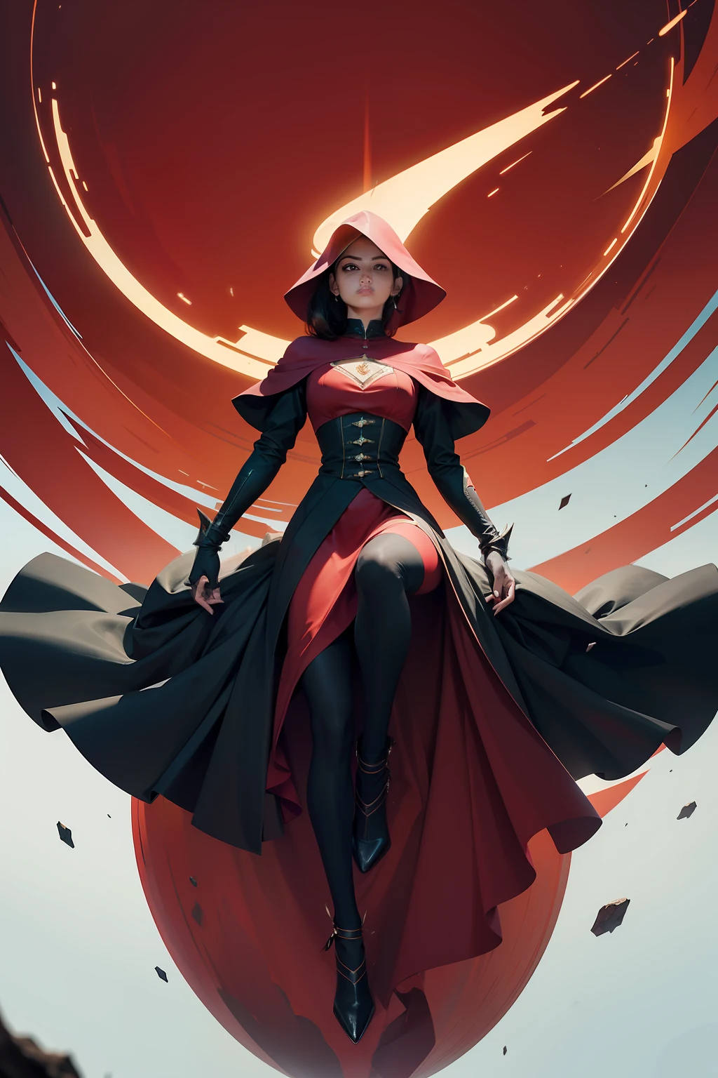 realista, mulher, Villain, cabelo longo, cabelo grande cabelo preto, olhar raivoso, roupa vermelha e offwhite com detalhes prata, armadura prateada, she's levitating, corpo todo