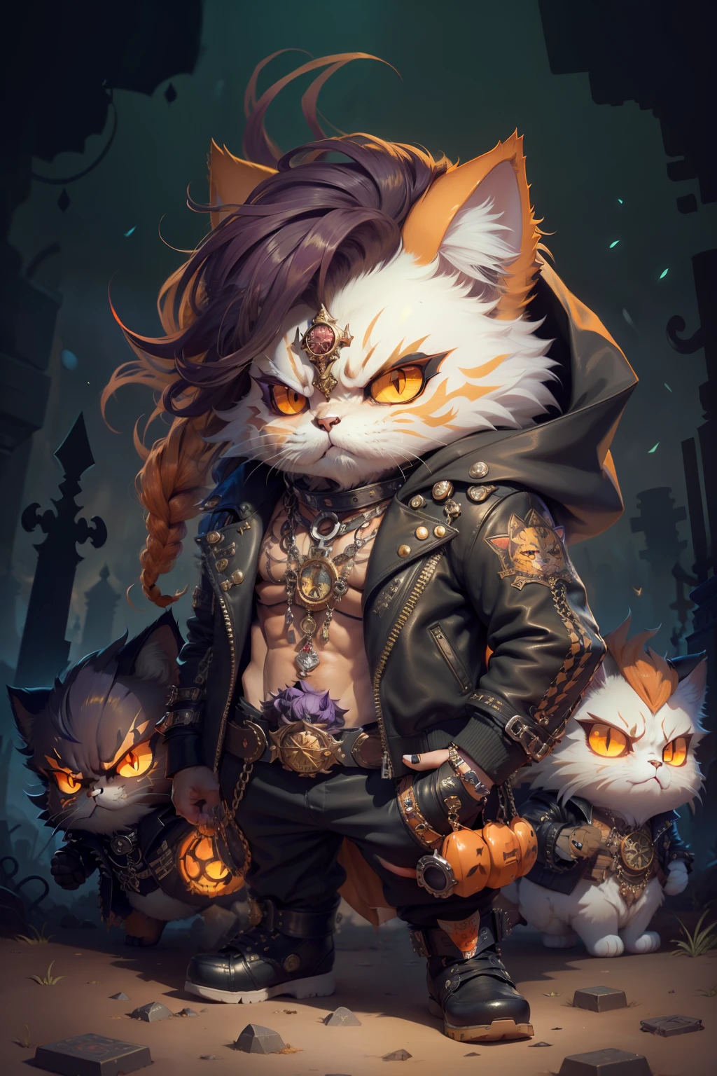 persian cat Anthropomorphic vampire , steampunk ,, , studded leather jacket with intricate ornamentation orange and purple , pirate steampunk theme,, , highest quality,, very angry face, body fitness, full body, long hair with braids , at night in the cemetery with fireflies